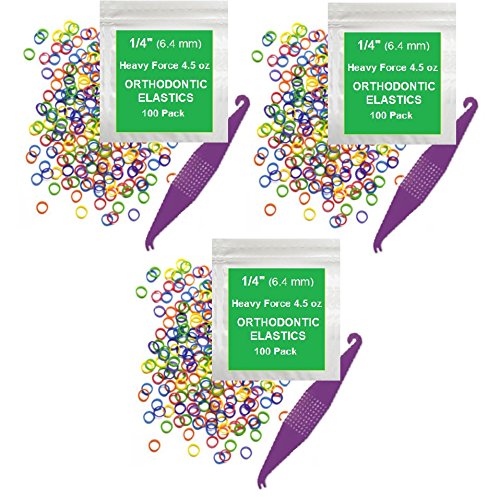 1/4 Inch Orthodontic Elastic Rubber Bands - 300 Pack, Neon Colors, Heavy Force 4.5 oz - Dental Braces Bands for Teeth Gap Fixing, Dreadlock Hair Ties - Includes 1 Elastic Placer Tool - Perfect for Braces Wearers & Hair Styling