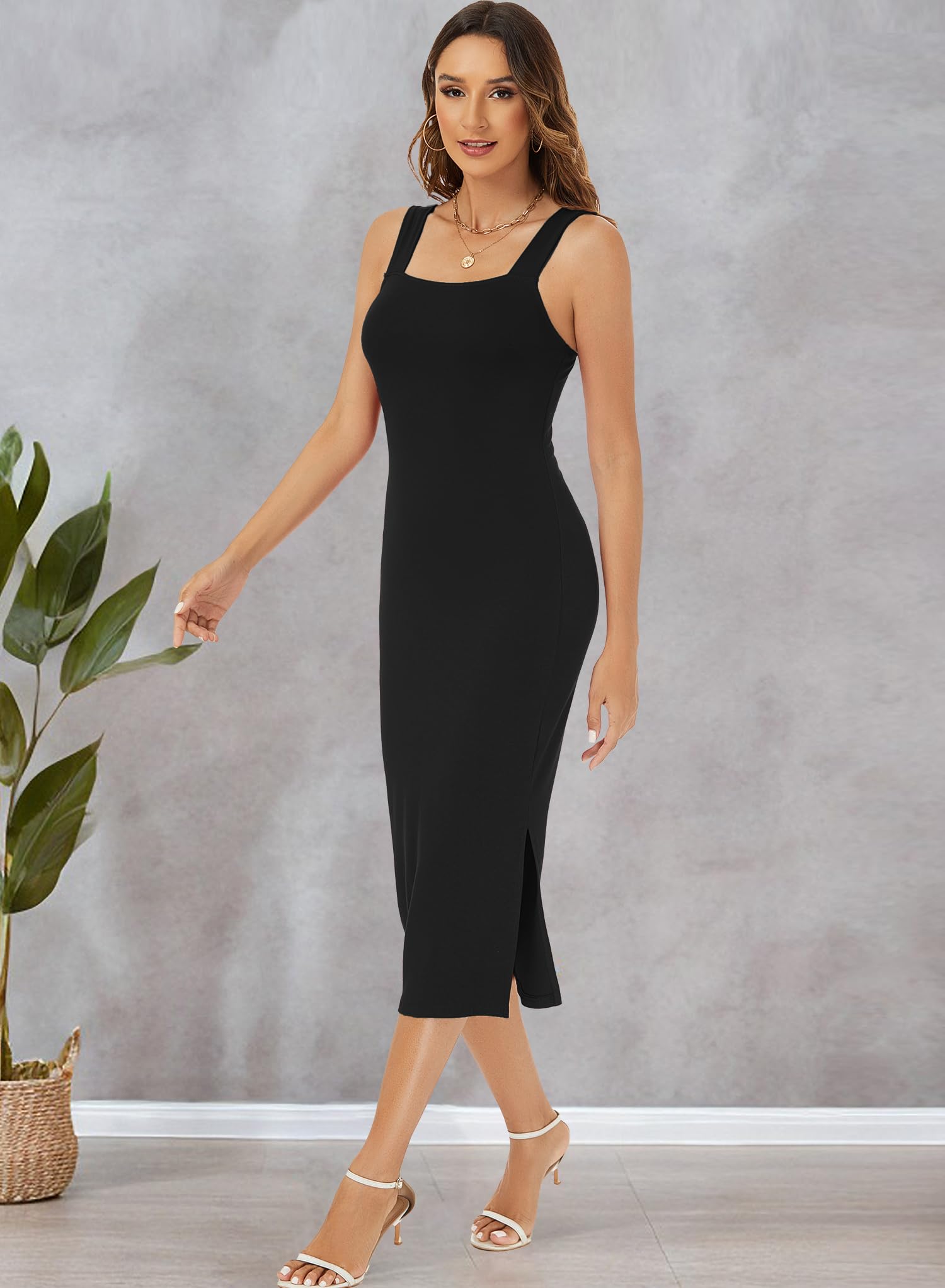 RANPHEE Women's Summer Sleeveless Bodycon Midi Dress - Square Neck, Side Slit, Stretchy Tank Dress for Casual, Party, Club, Date Night & Vacation Outfits