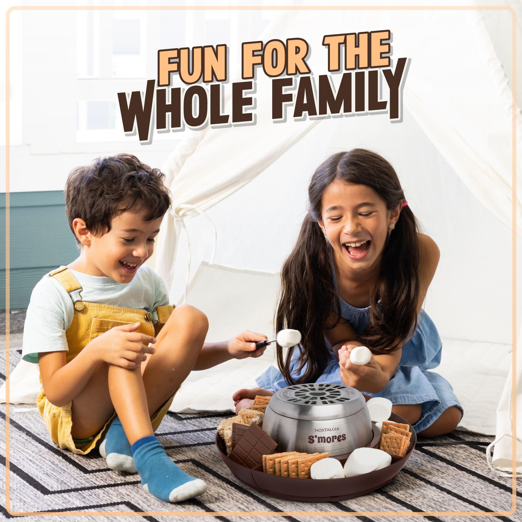 Nostalgia Indoor Electric S'Mores Maker - Stainless Steel Smores Machine with 4 Rotating Trays for Graham Crackers, Chocolate & Marshmallows - Includes 4 Roasting Forks - Perfect for Family Gatherings, Camping Parties & Cozy Winter Nights