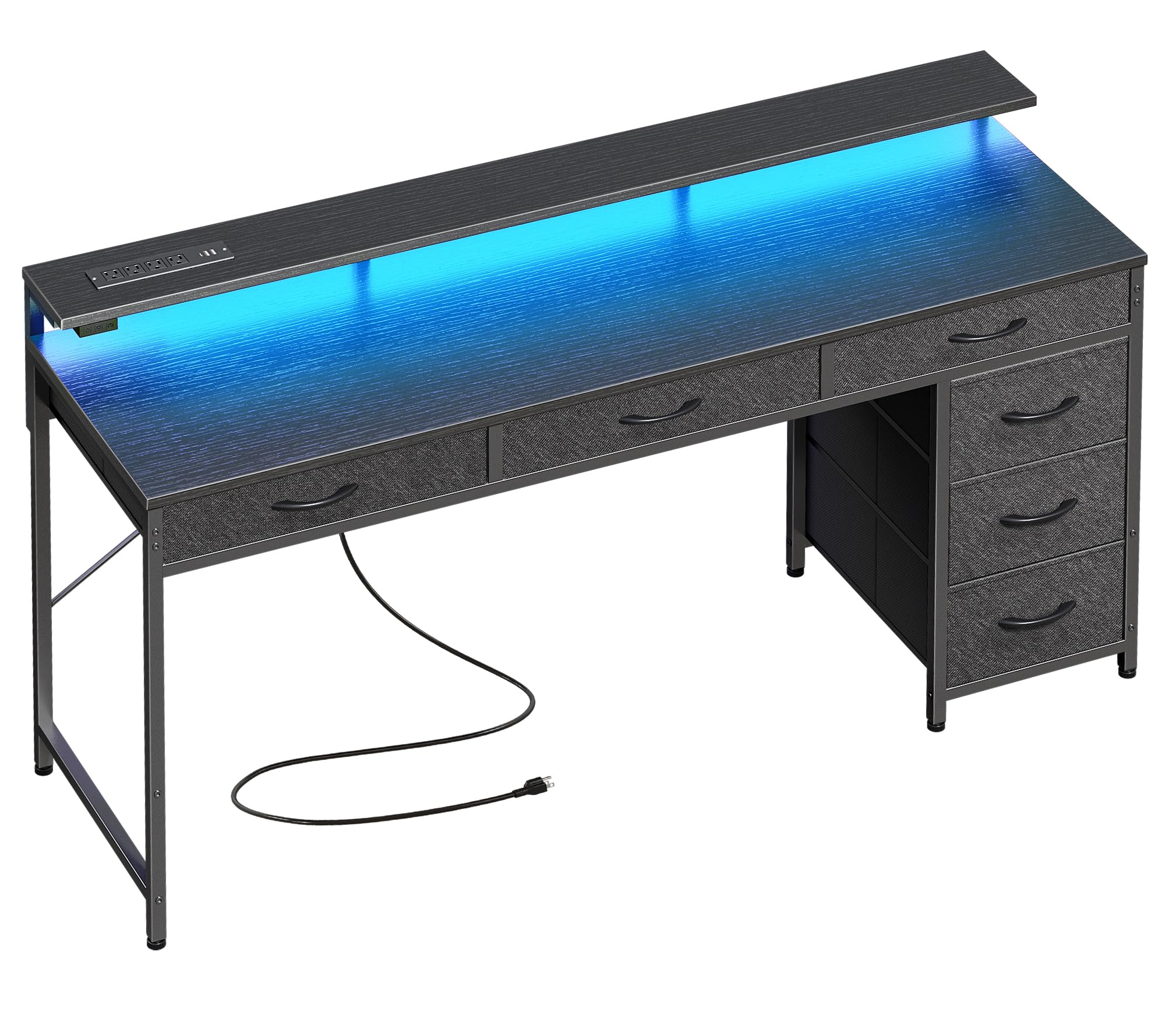 Huuger 55 Inch Gaming Desk with LED Lights, Power Outlets & Type-C | 6-Drawer Computer Desk with Monitor Stand & Storage | Ergonomic Writing Work Desk for Home Office, Bedroom & Study (Black) - Perfect for Gamers, Remote Workers & Students