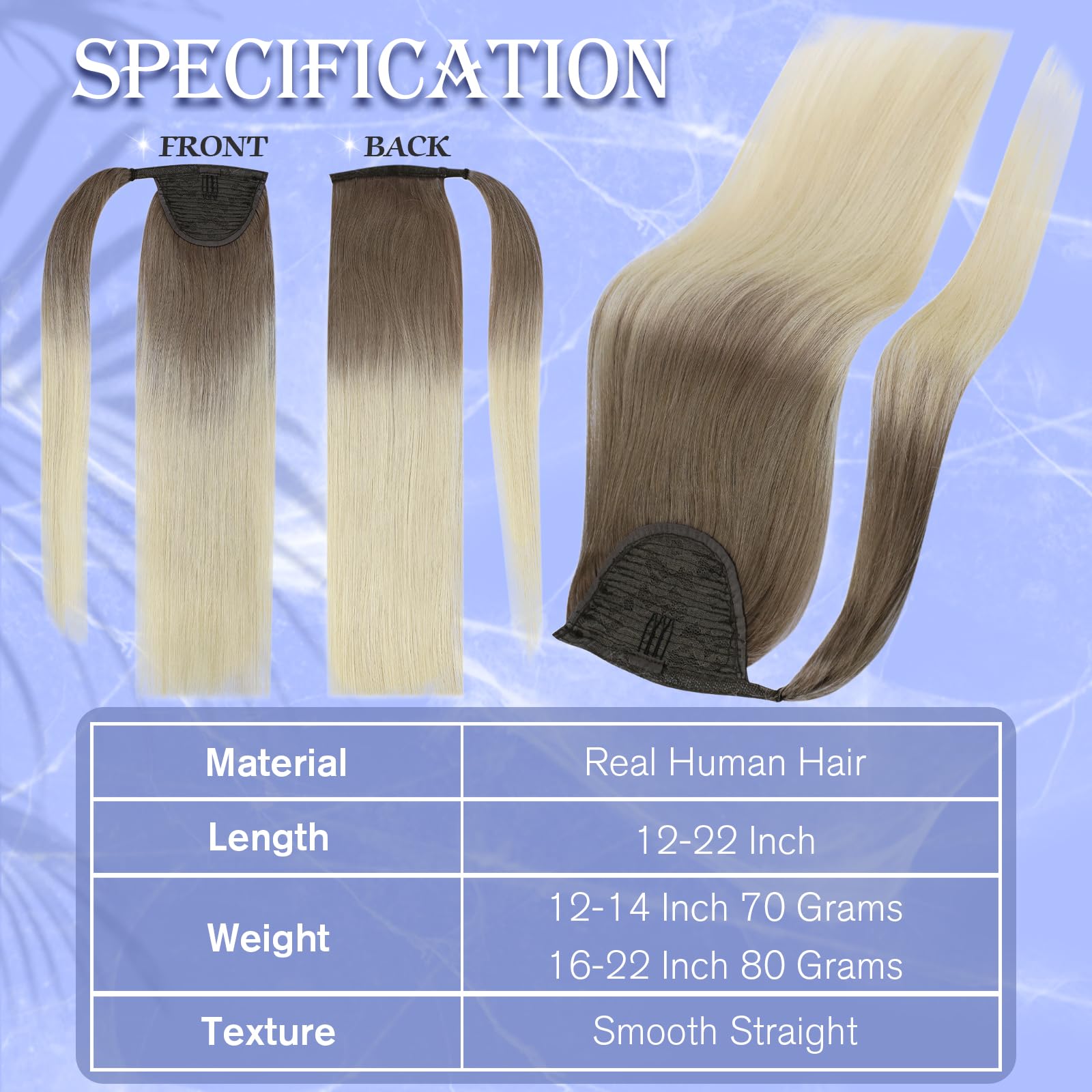 22 Inch Blonde Ponytail Hair Extensions - 100% Human Hair Clip-in Ponytail Wrap (Ash Brown to Platinum Blonde Ombre) for Women - 80g Natural Straight Hairpiece for Volume & Length - Perfect for Parties, Weddings & Daily Styling