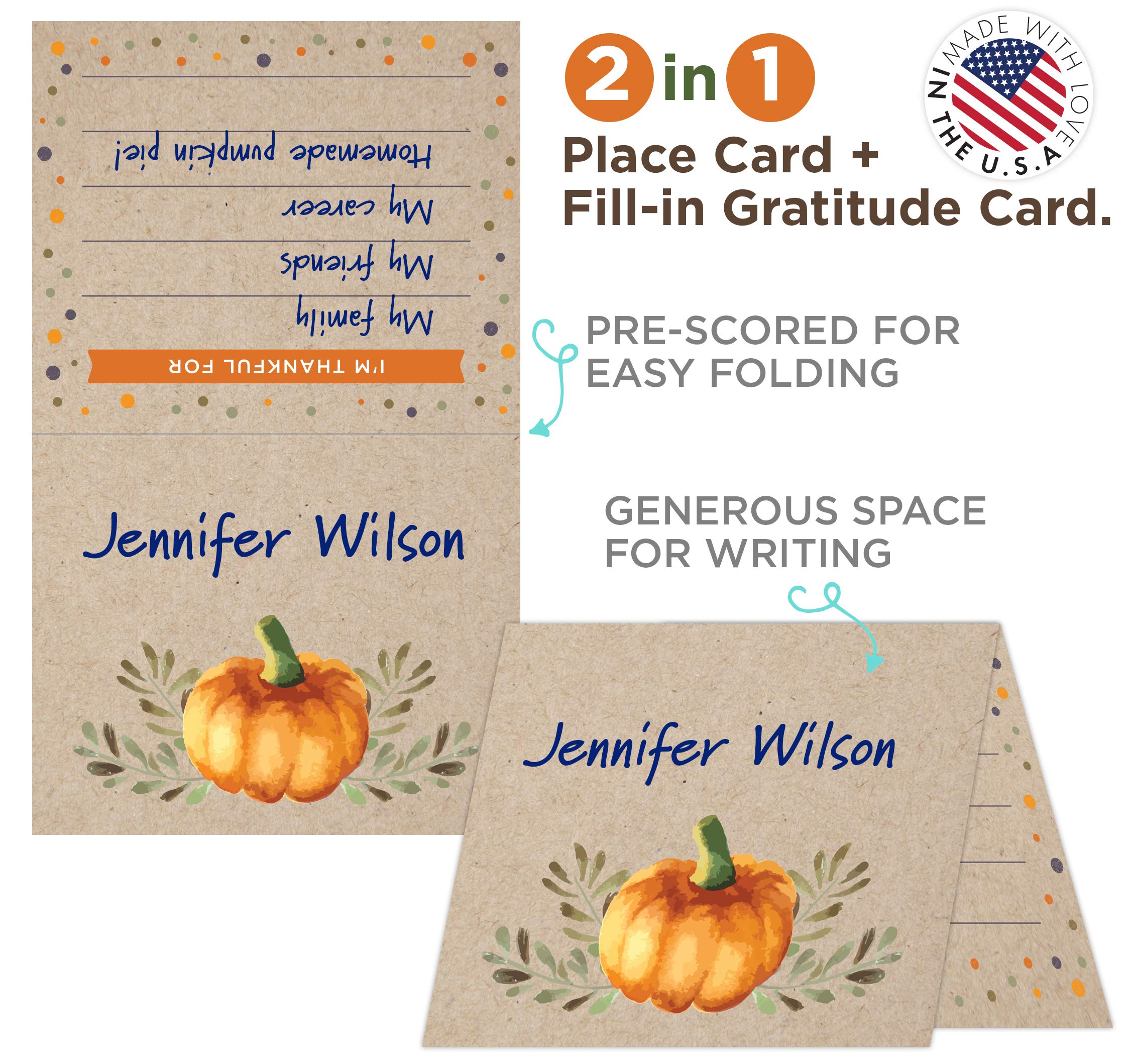 Koko Paper Co Thanksgiving Place Cards with Fill-in Gratitude Cards | 50-Pack Premium Heavy Cardstock | Perfect for Holiday Table Settings & Family Gatherings