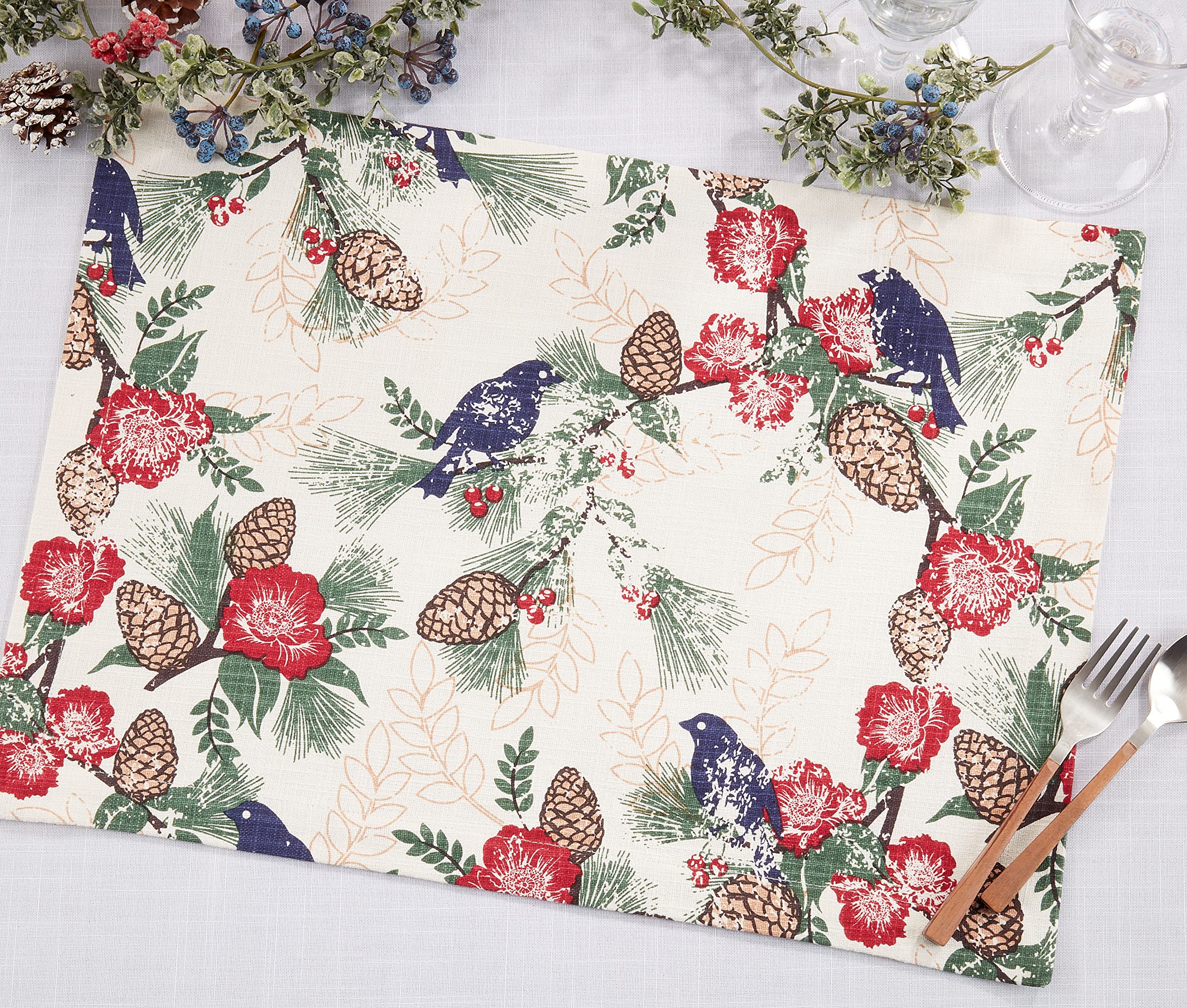 Pinecone and Bird Themed Placemats Set of 4 - Waterproof Coasters for Dining Table Decor, Kitchen, Thanksgiving & Christmas Dinner Settings