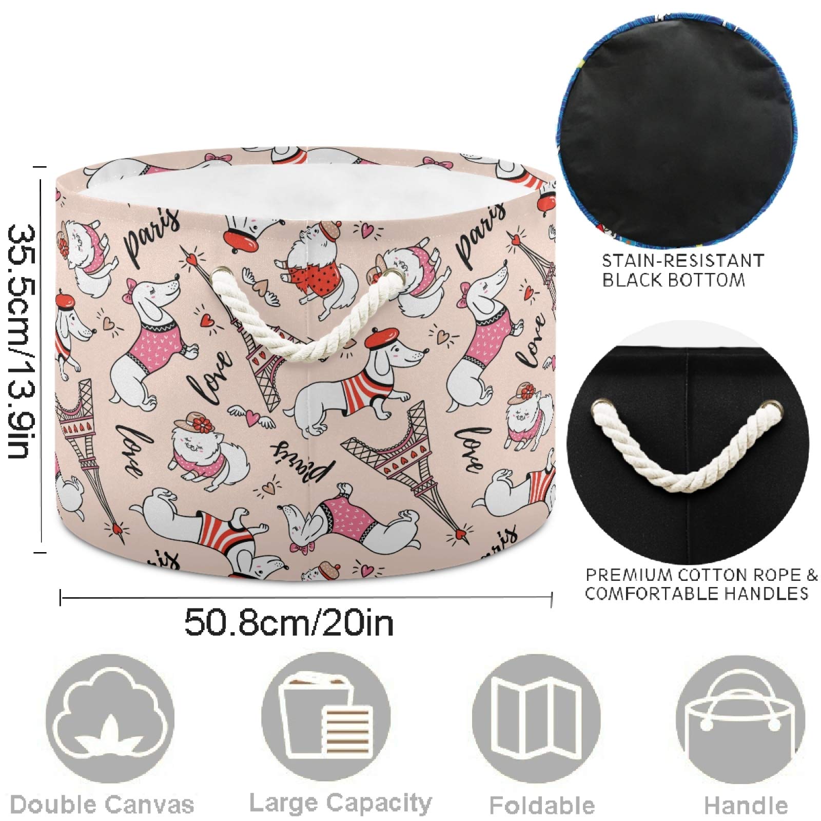 Visesunny Collapsible Large Capacity Storage Basket - Paris Eiffel Tower Design Dog Clothes & Toy Organizer with Durable Cotton Handles | Perfect for Bathroom, Bedroom, Nursery, Laundry & Closet Organization | Space-Saving Home Decor Solution for Pet Lovers