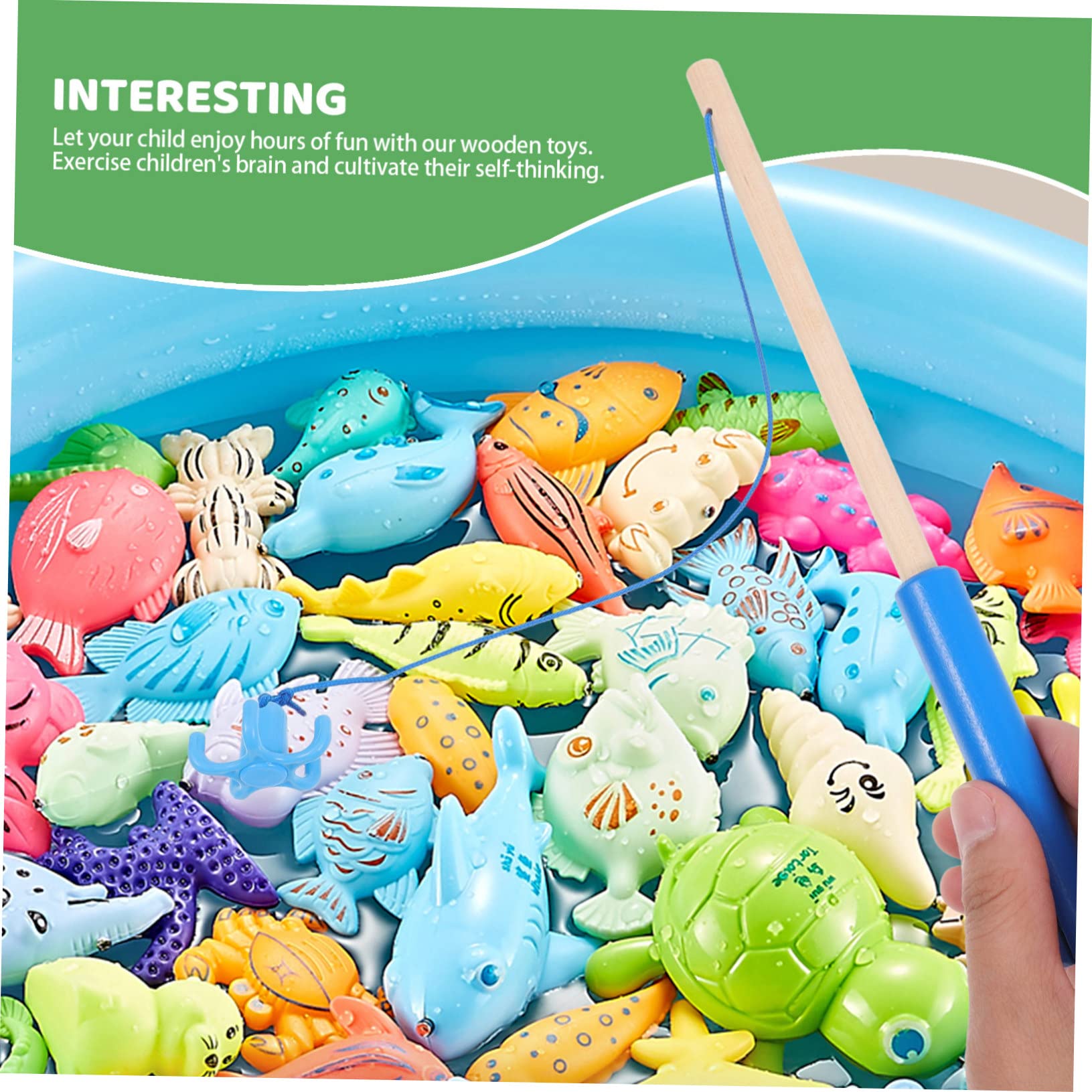 BRIGHTFUFU 4-Piece Kids Magnetic Fishing Game Set - Wooden Puzzle Toy with Fishing Poles & Sticks for Toddlers - Fun Indoor/Outdoor Educational Activity for Boys and Girls