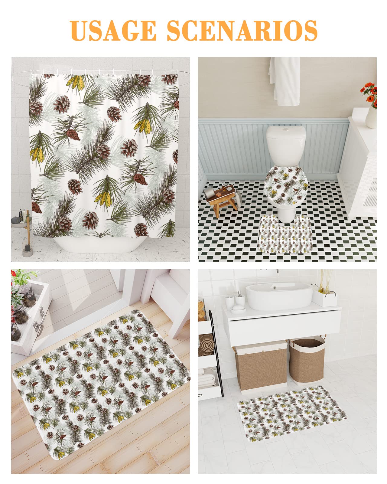 4-Piece Pinecone Christmas Shower Curtain Set - Waterproof Fabric Bathroom Decor with Non-Slip Rugs, Toilet Lid Cover & Bath Mat (66x72 Inch, White & Green) - Perfect for Holiday Bathroom Makeover & Festive Home Decor