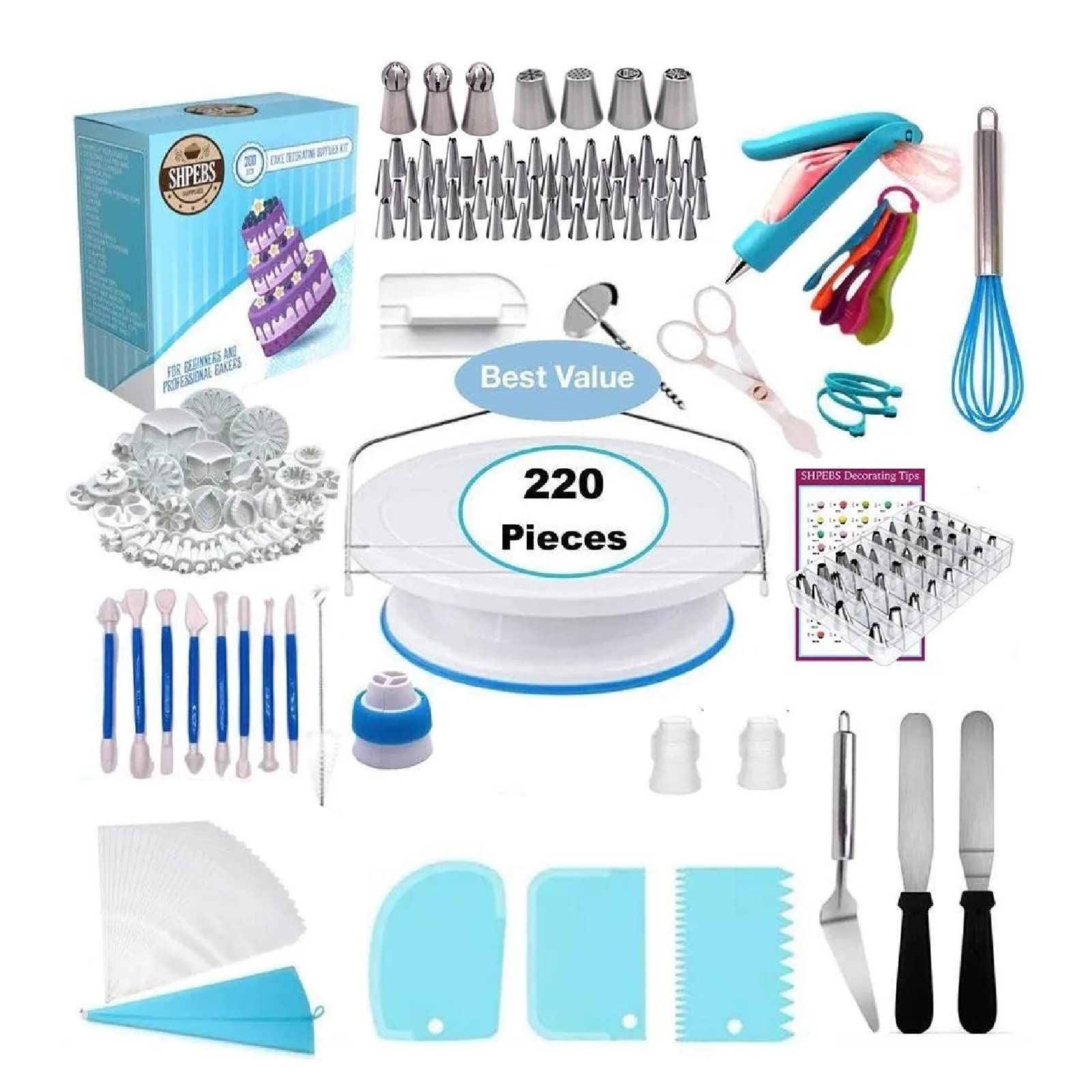 OhhGo 220-Piece Cake Decorating Kit with Rotating Turntable - Professional Baking Tools Set for Birthday, Wedding & Party Cake Decoration
