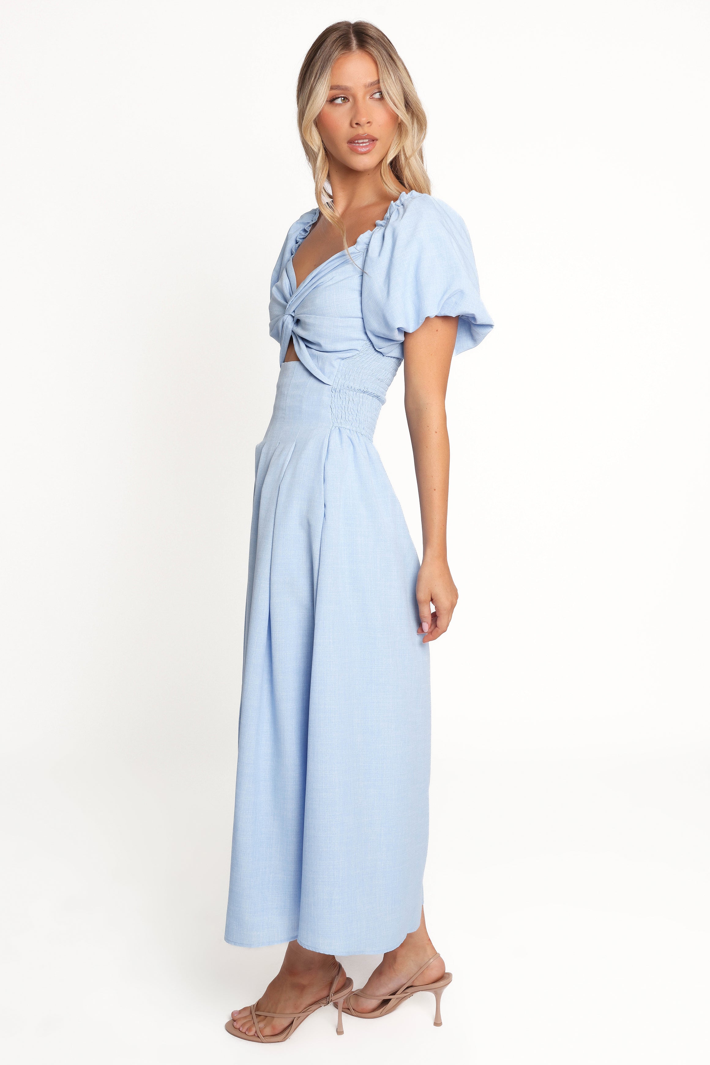 Cintra Puff Sleeve Maxi Dress for Women - Flowy Long Blue Summer Dress with Ruffle Details | Perfect for Beach Vacations, Date Nights & Special Occasions