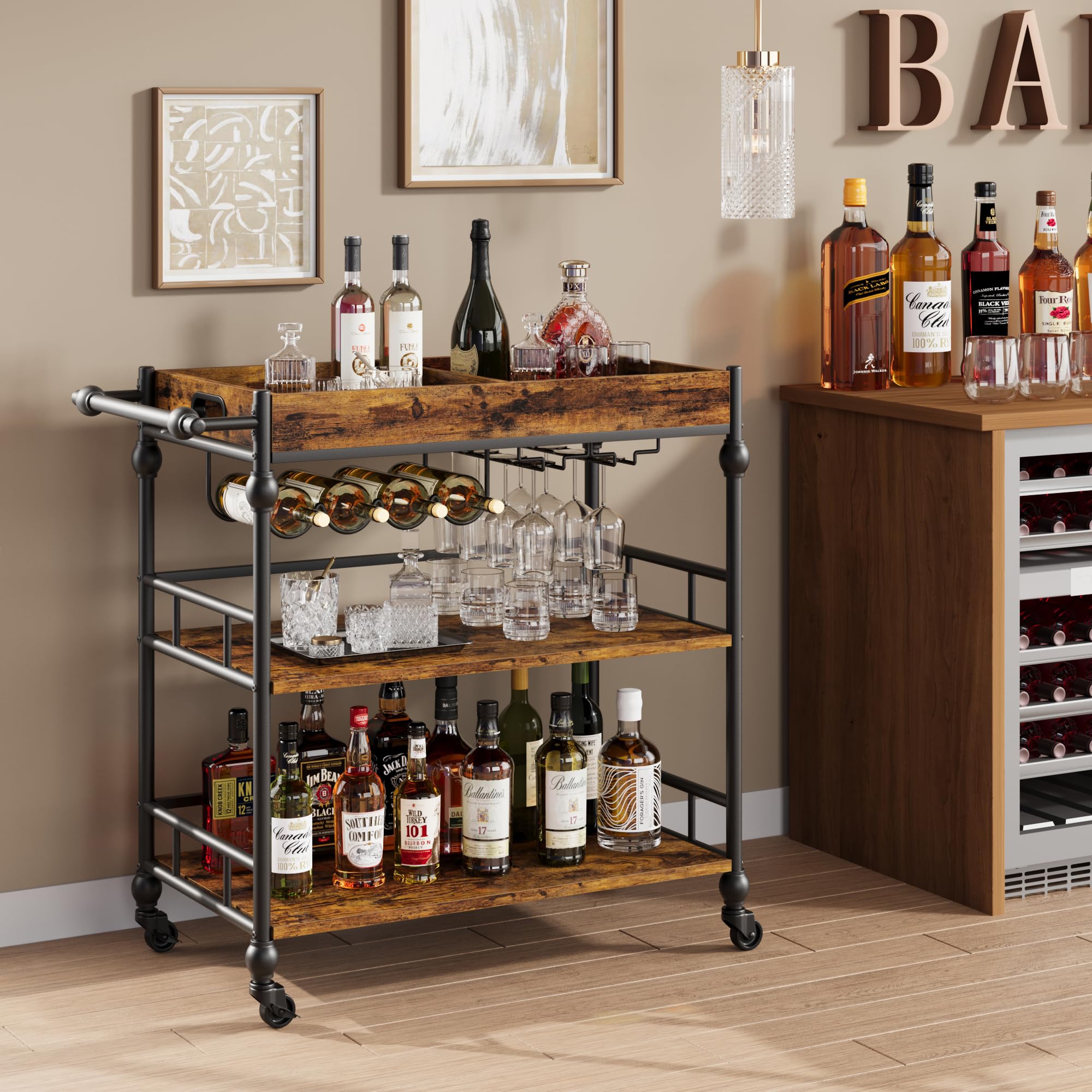 GARVEE 3-Tier Rolling Bar Cart with Wheels - Wine Rack & Glass Holder - Mobile Kitchen, Living Room, Dining Room Storage - Retro Style for Home Entertaining & Parties