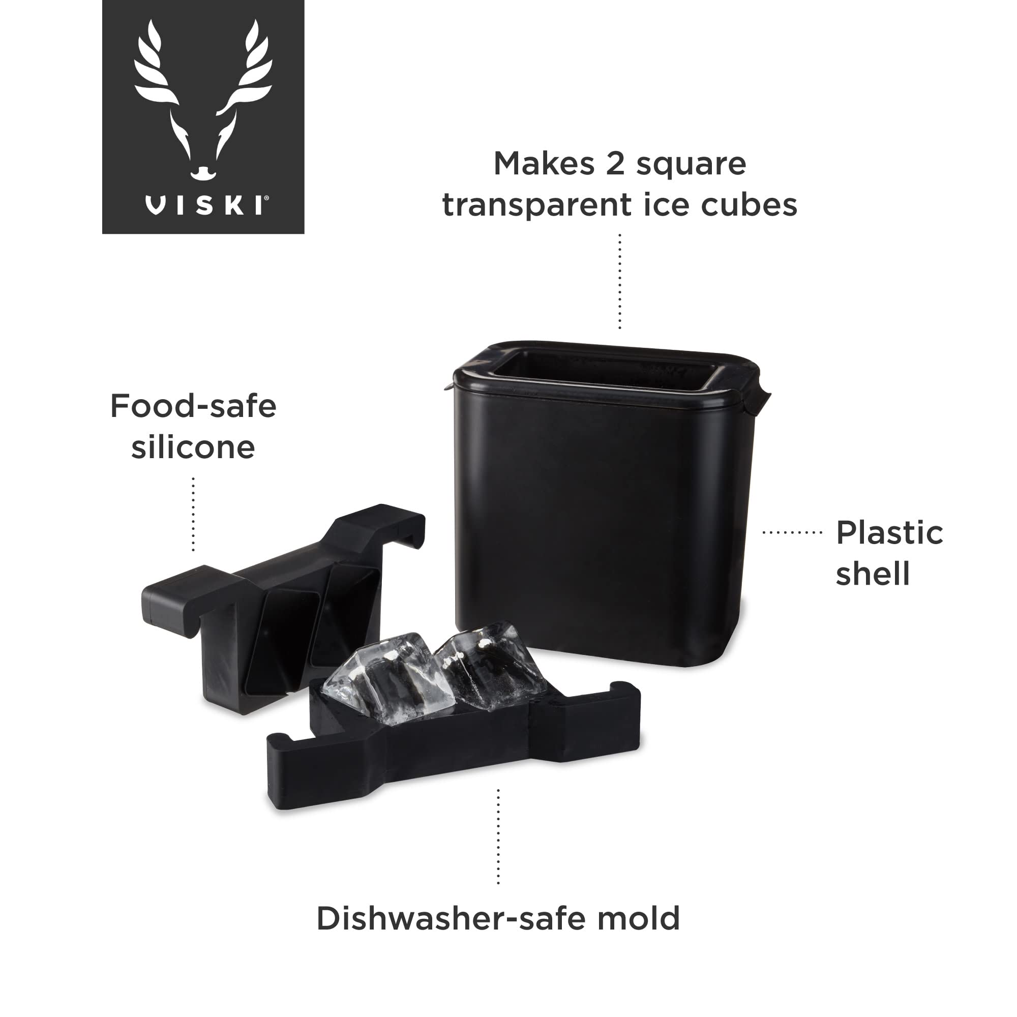 Premium Viski Clear Ice Maker - Set of 1 Black Square Ice Cube Tray for Craft Cocktails | Perfect for Whiskey, Bourbon & Home Bar Entertaining