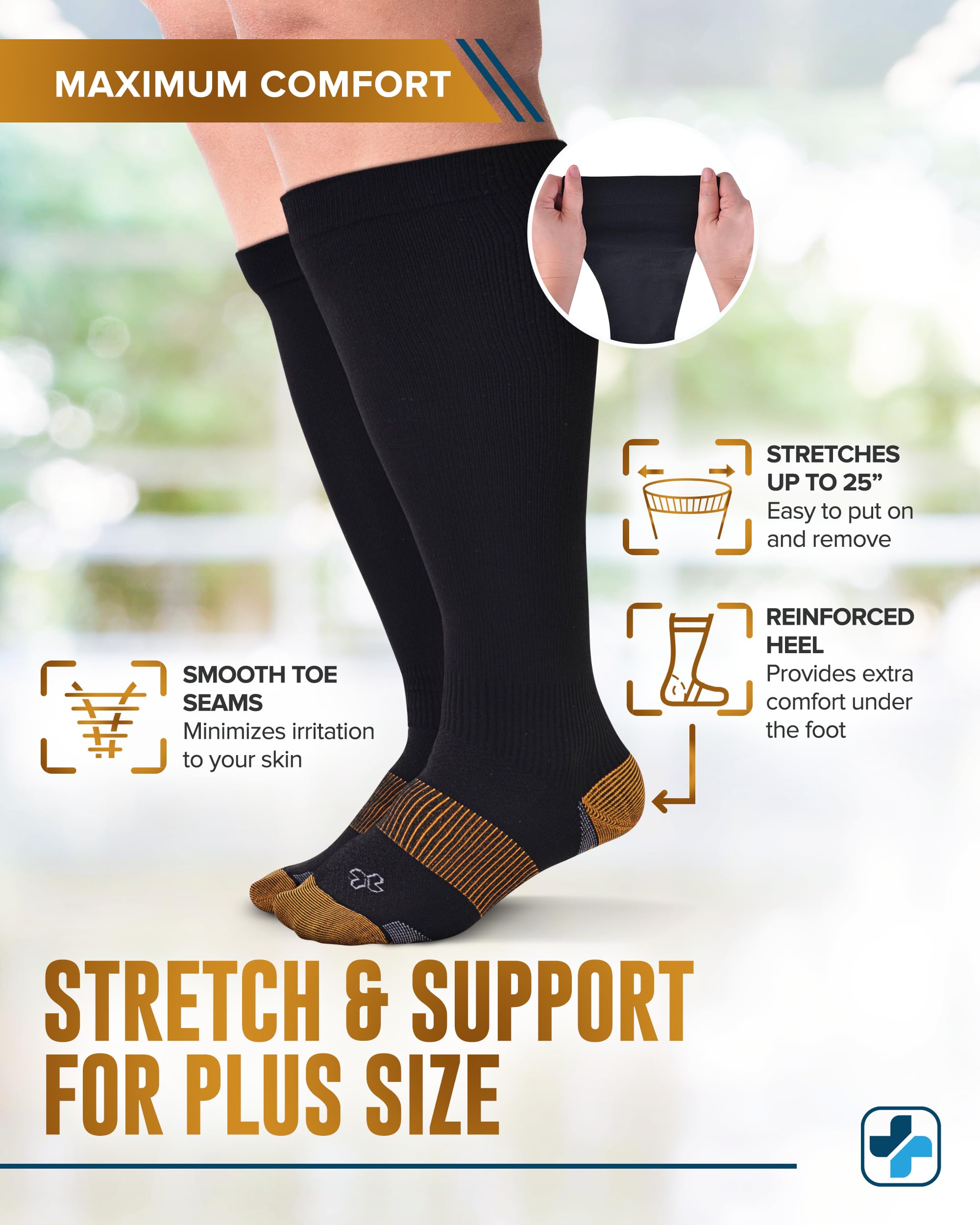 Doctor's Select Copper Plus Size Compression Socks 20-30mmHg - 2 Pairs for Women & Men with Wide Calf | Varicose Veins, Swelling Relief & Circulation Support | Perfect for Travel, Running, Nursing & Recovery