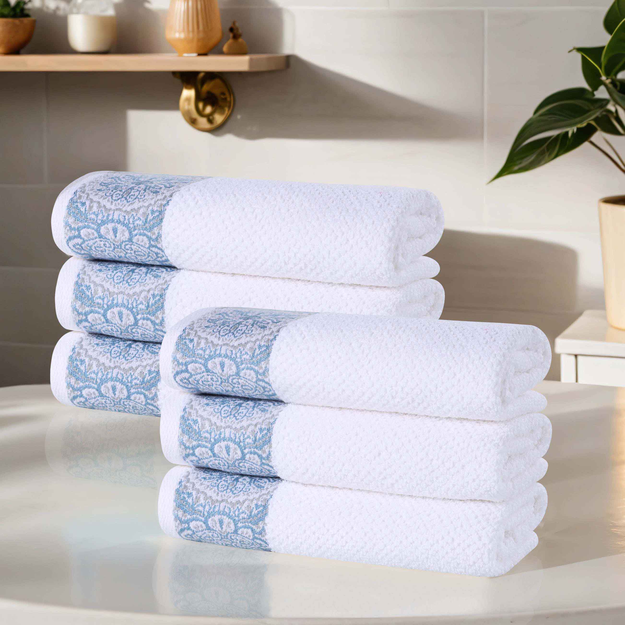 Premium Medallion Cotton Jacquard Textured Hand Towels - Set of 6, Soft & Absorbent Bathroom Towels for Guest Bath, Powder Room, and Spa - Luxury Home Decor Essentials