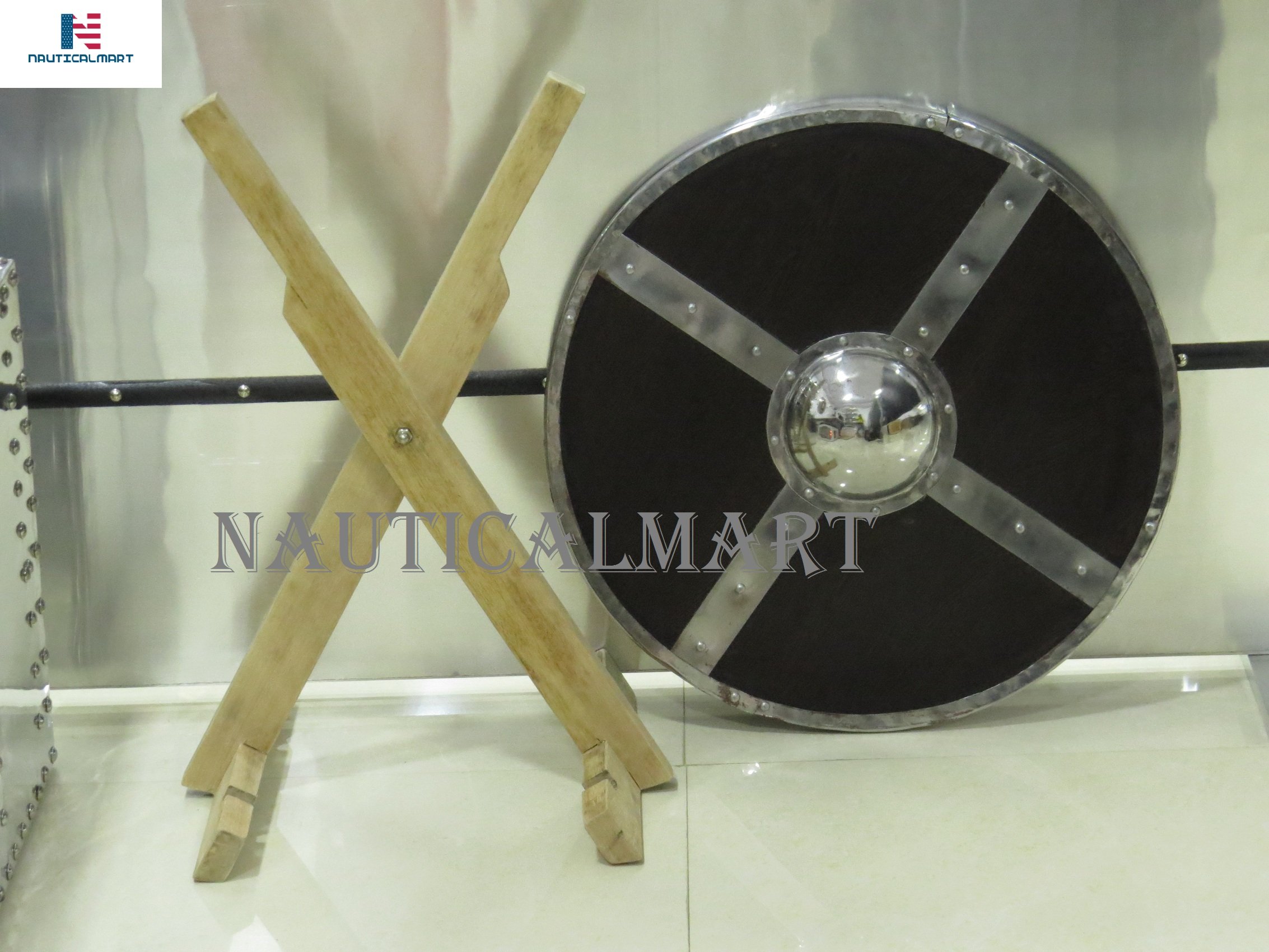 NauticalMart Armor Shield Stand - Premium Wooden Display Stand for Swords, Knives & Collectibles - Perfect for Home Decor, Medieval Themed Rooms & Weapon Collections