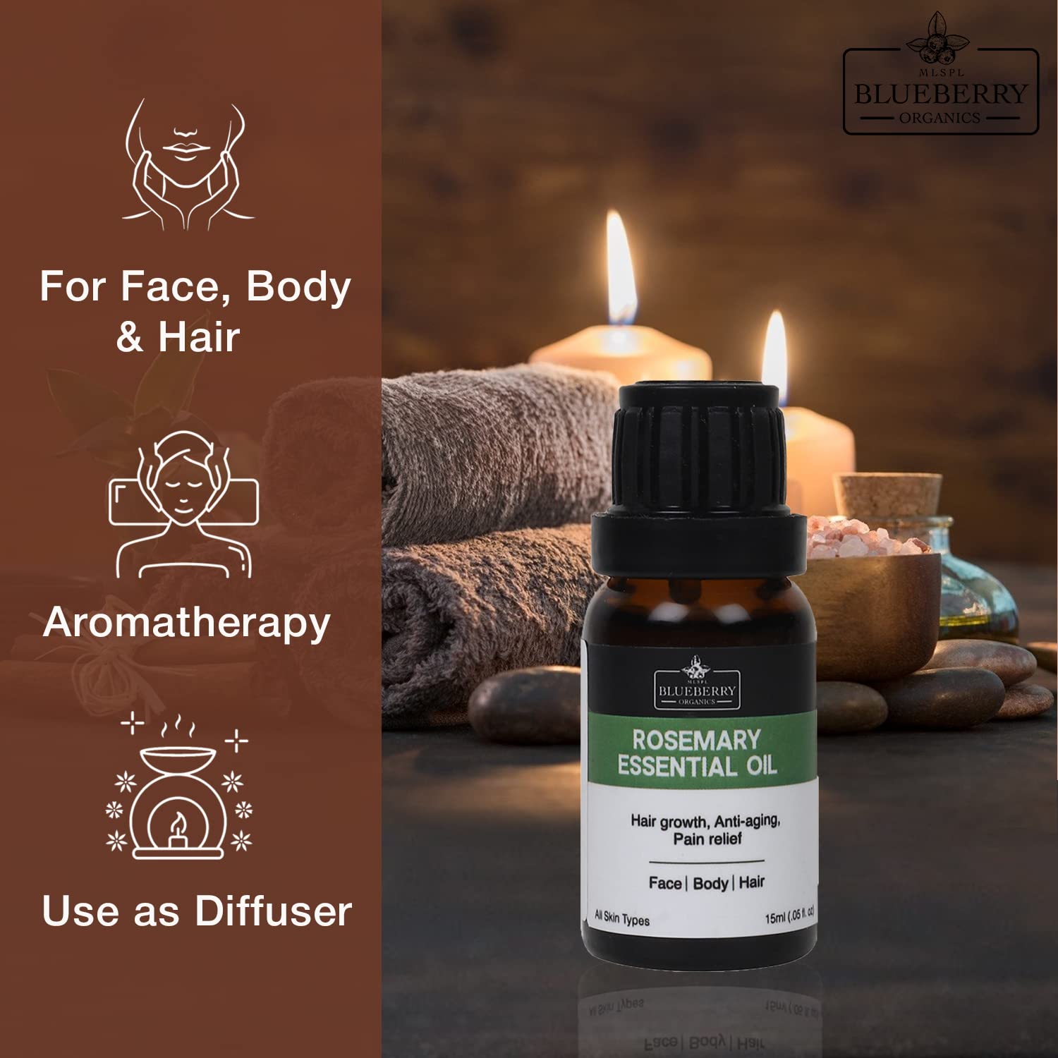 MLSPL BLUEBERRY ORGANICS Rosemary Essential Oil - 100% Pure Therapeutic Grade, USDA Certified Organic, 15ml Bottle | Aromatherapy, Massage, Skin & Hair Care | Perfect for Diffusers, DIY Beauty & Relaxation