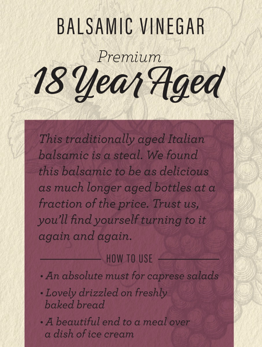 Premium 18 Year Aged Balsamic Vinegar - Artisanal Italian Condiment for Salads, Cheese & Gourmet Cooking - Perfect for Drizzling, Marinades & Gift Giving