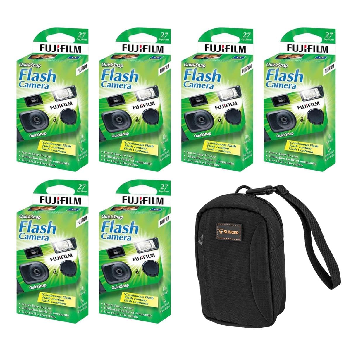 Fujifilm QuickSnap Flash 400 Disposable 35mm Film Camera with Built-in Flash - 27 Exposures, 6-Pack Bundle with Slinger Camera Bag - Perfect for Weddings, Parties, Travel & Vintage Photography