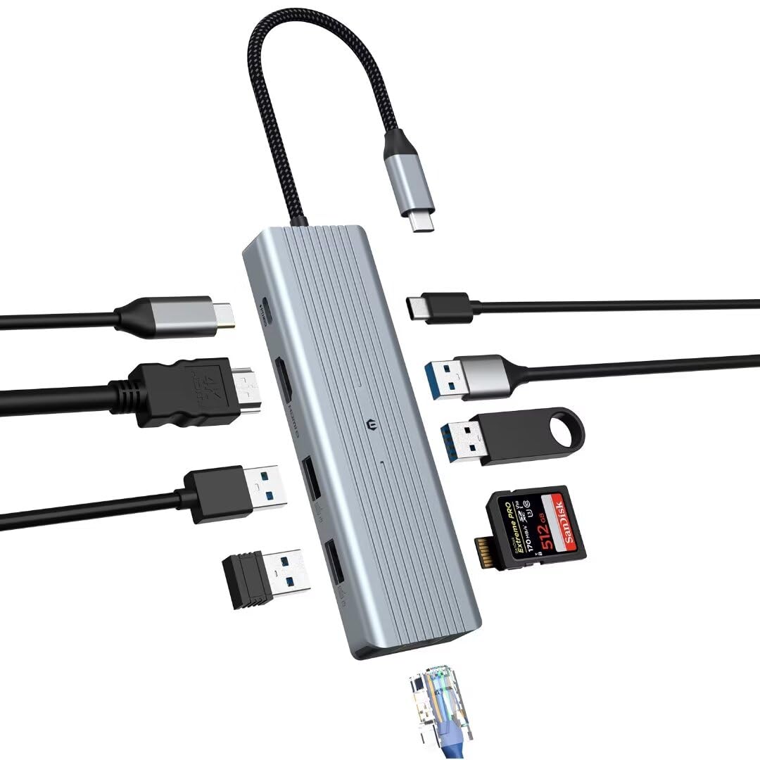 OOTDAY 10-in-1 USB C Hub with USB 3.0 - Ultra Slim Multi-Port Adapter for MacBook Pro/Air, iMac, Surface Pro, PS4 & Laptops - Perfect for Home Office, Gaming & Travel Connectivity