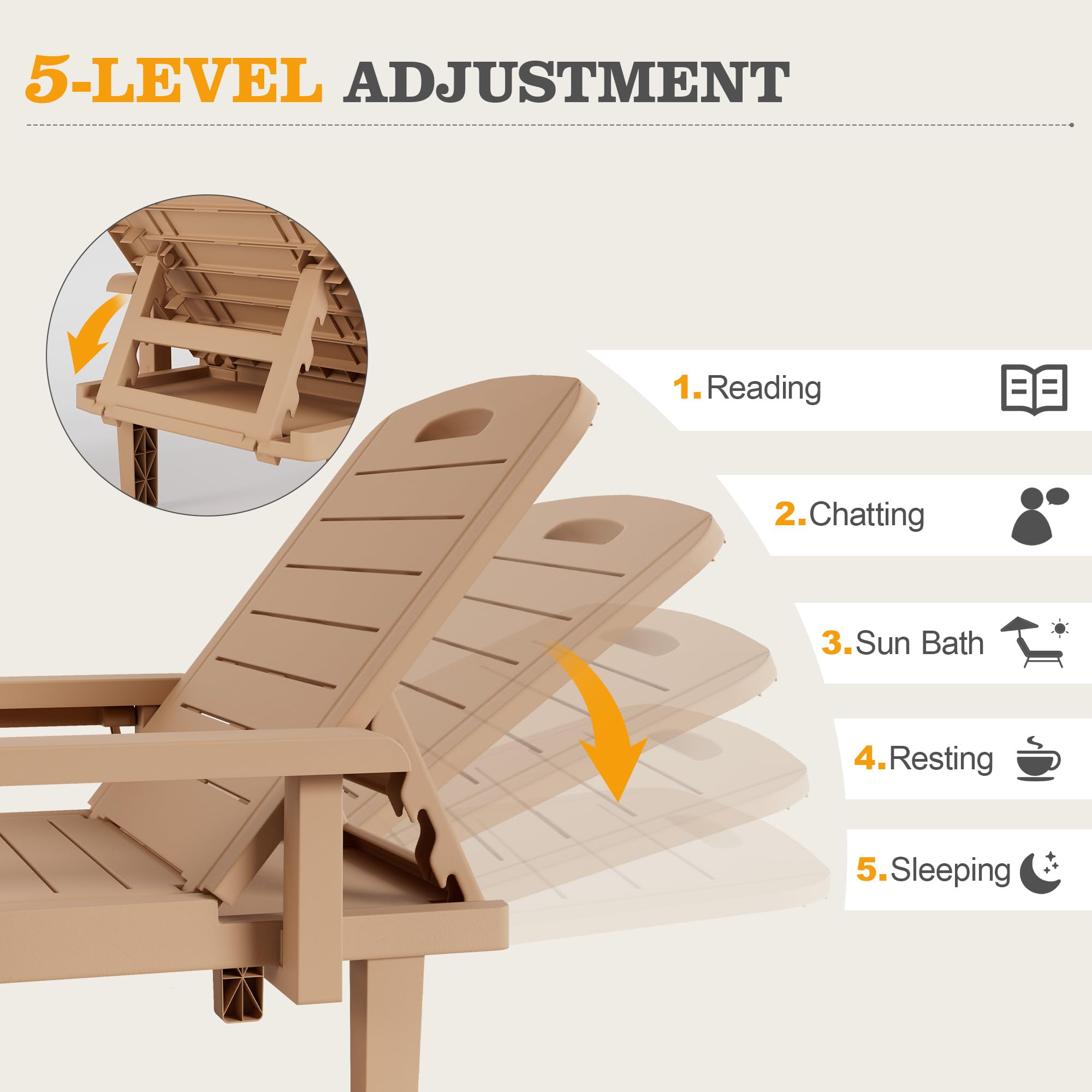 UDPATIO Oversized Pool Lounge Chairs Set of 2 - Waterproof Resin Chaise Lounges with Adjustable Backrest, Armrests & Cup Holder - Perfect for Poolside, Patio, Beach, Backyard & Outdoor Relaxation