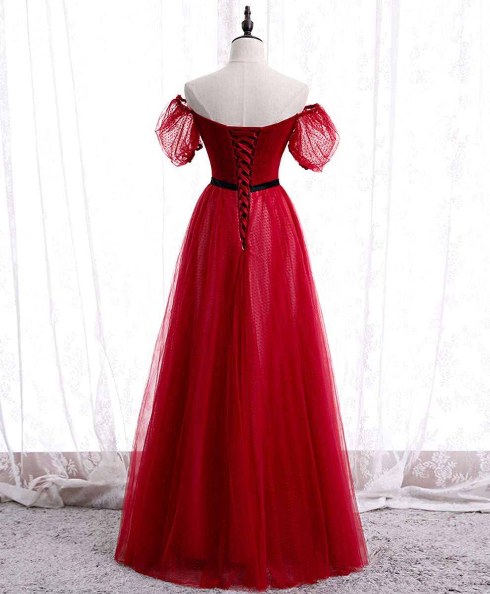 Elegant Burgundy Tulle Lace Long Prom Dress for Women - Formal Evening Gown for Homecoming, Quinceañera & Special Occasions