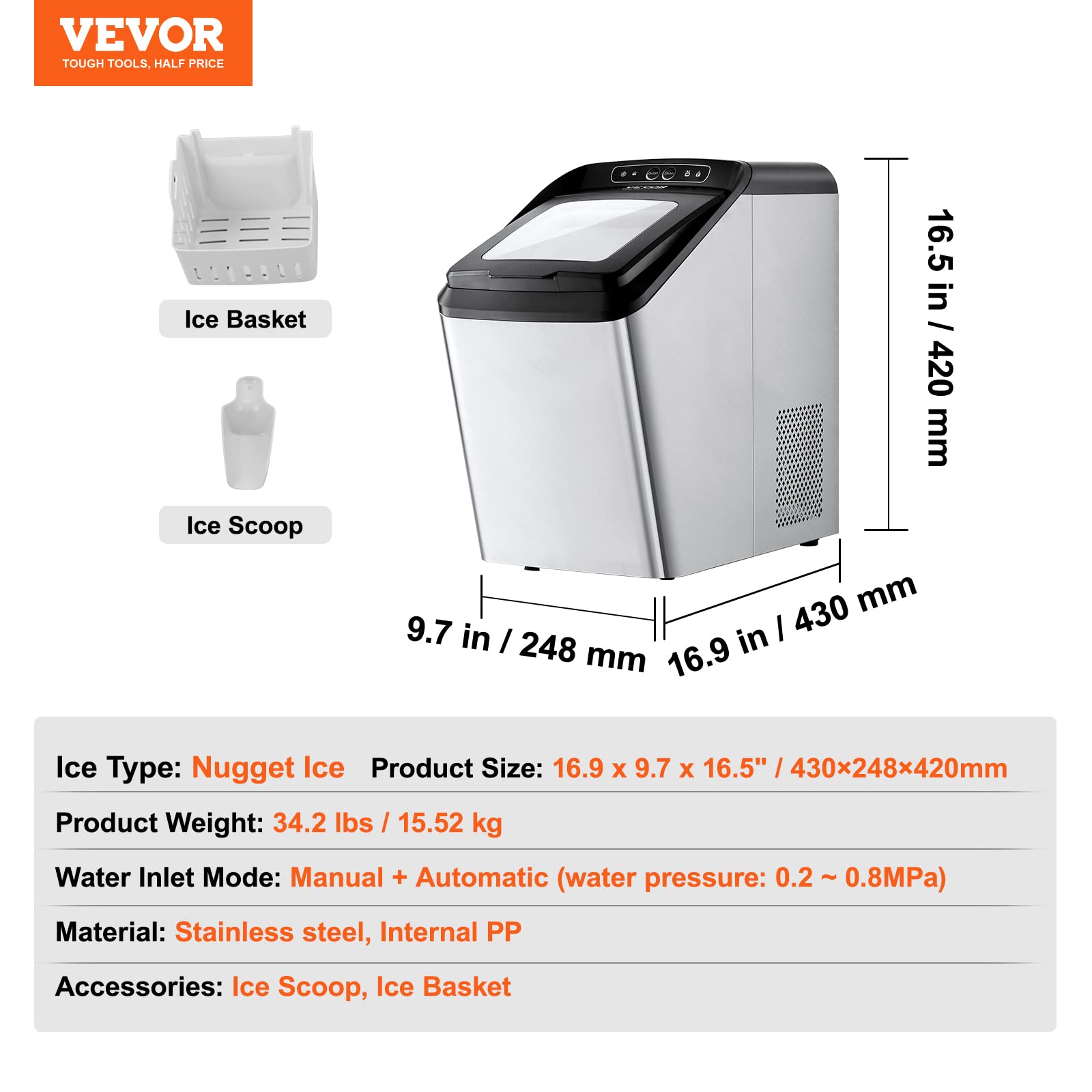 VEVOR 30lbs/24H Nugget Ice Maker with Self-Cleaning - Stainless Steel Chewable Pebble Ice Machine with Ice Scoop & Basket, Dual Water Refill - Perfect for Home, Office, Bars, Restaurants, and Parties