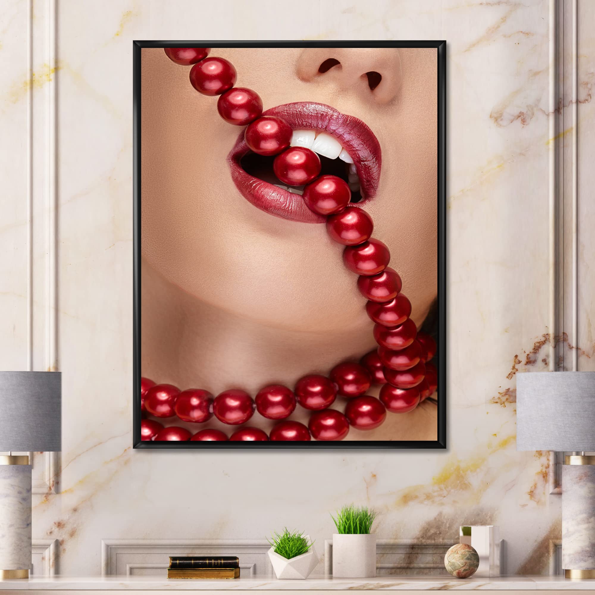DesignQ Modern Framed Canvas Wall Art - Woman with Red Lipstick Biting Pearls Painting, Home Office Decor for Living Room, Bedroom & Dining Area