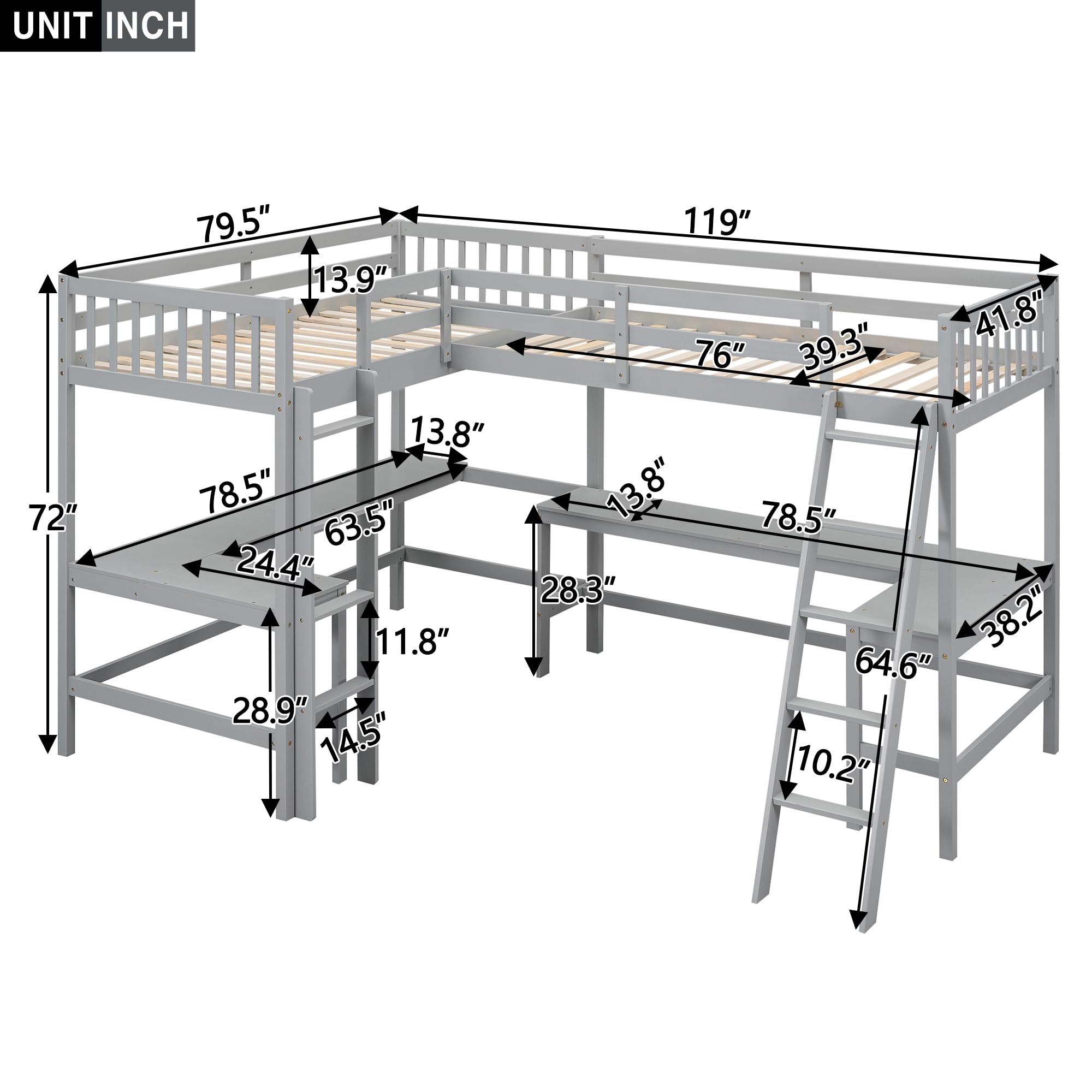 Merax Grey Wood Twin Size L-Shaped Loft Bed with Ladder & 2 Built-in Desks - Space Saving Study & Sleep Solution for Kids & Teens Small Bedrooms