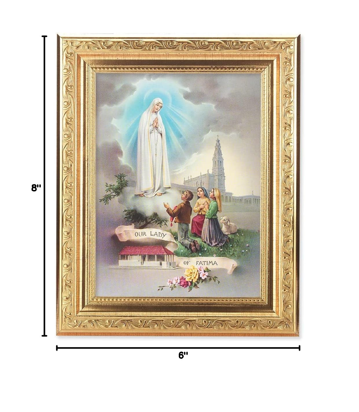Our Lady of Fatima Framed Wall Art - Gold Leaf Antique Finish with Acanthus Leaf Detail - Religious Home Decor for Living Room, Bedroom & Prayer Space