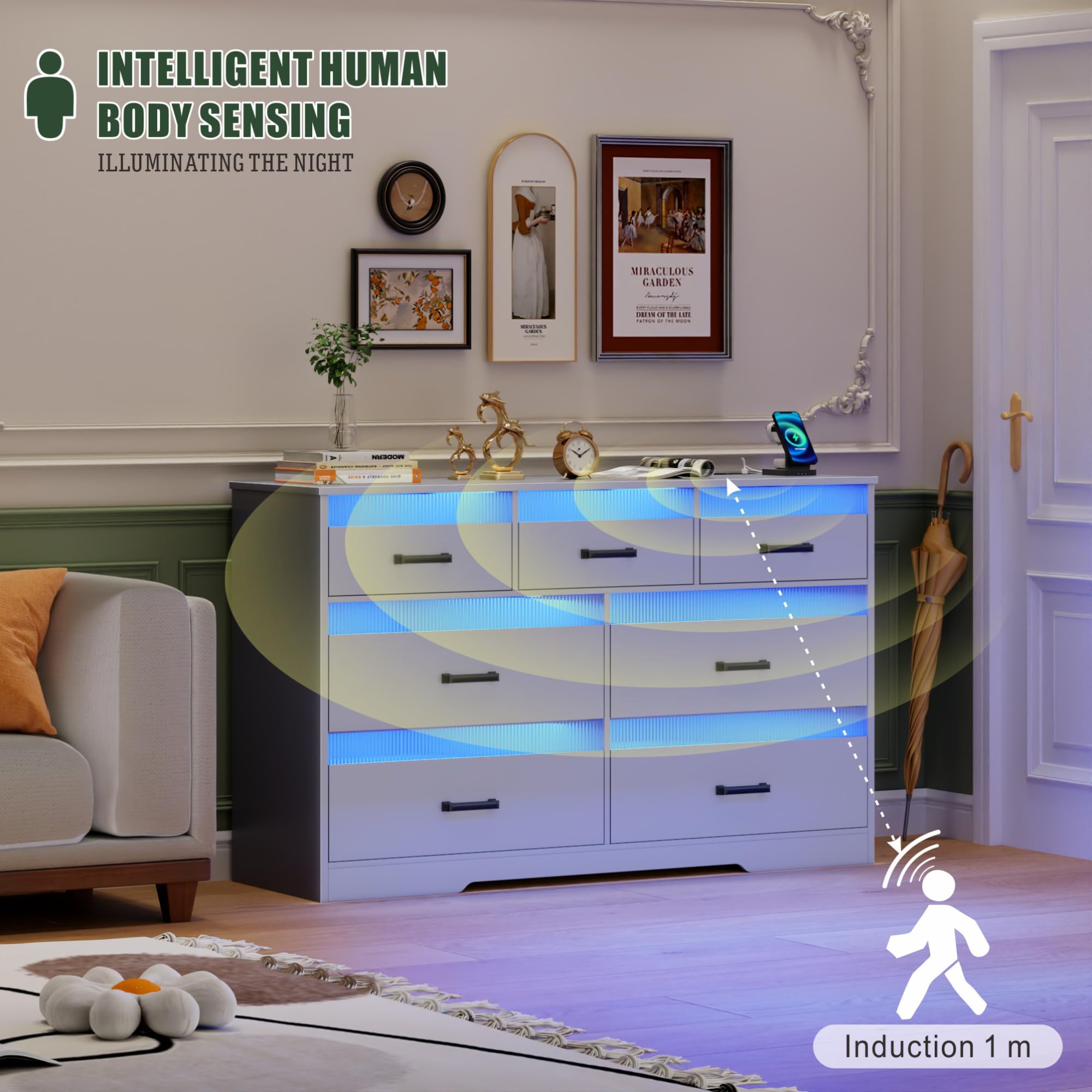 Modern Grey Wood Dresser with LED Lights & USB Charging Station - 7-Drawer Large Chest for Bedroom, Closet, Living Room or Hallway - Perfect for Organizing Clothes, Accessories & Home Decor