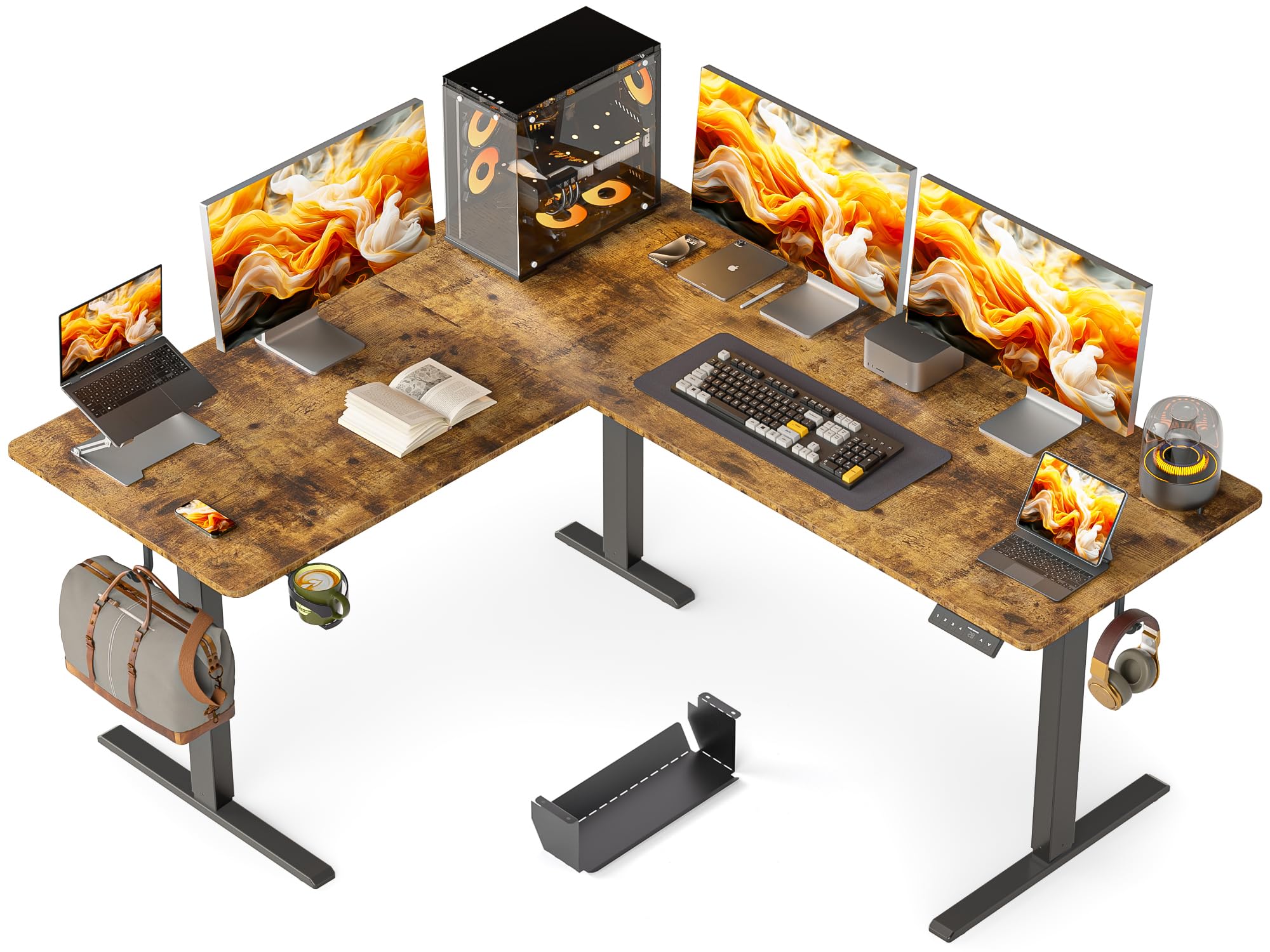 63x55 Inches Electric Height Adjustable L-Shaped Standing Desk - Reversible Corner Computer Desk with Cup Holder | Ergonomic Sit Stand Home Office & Gaming Desk in Rustic Brown | Perfect for Small Spaces, Remote Work & PC Gaming Setups