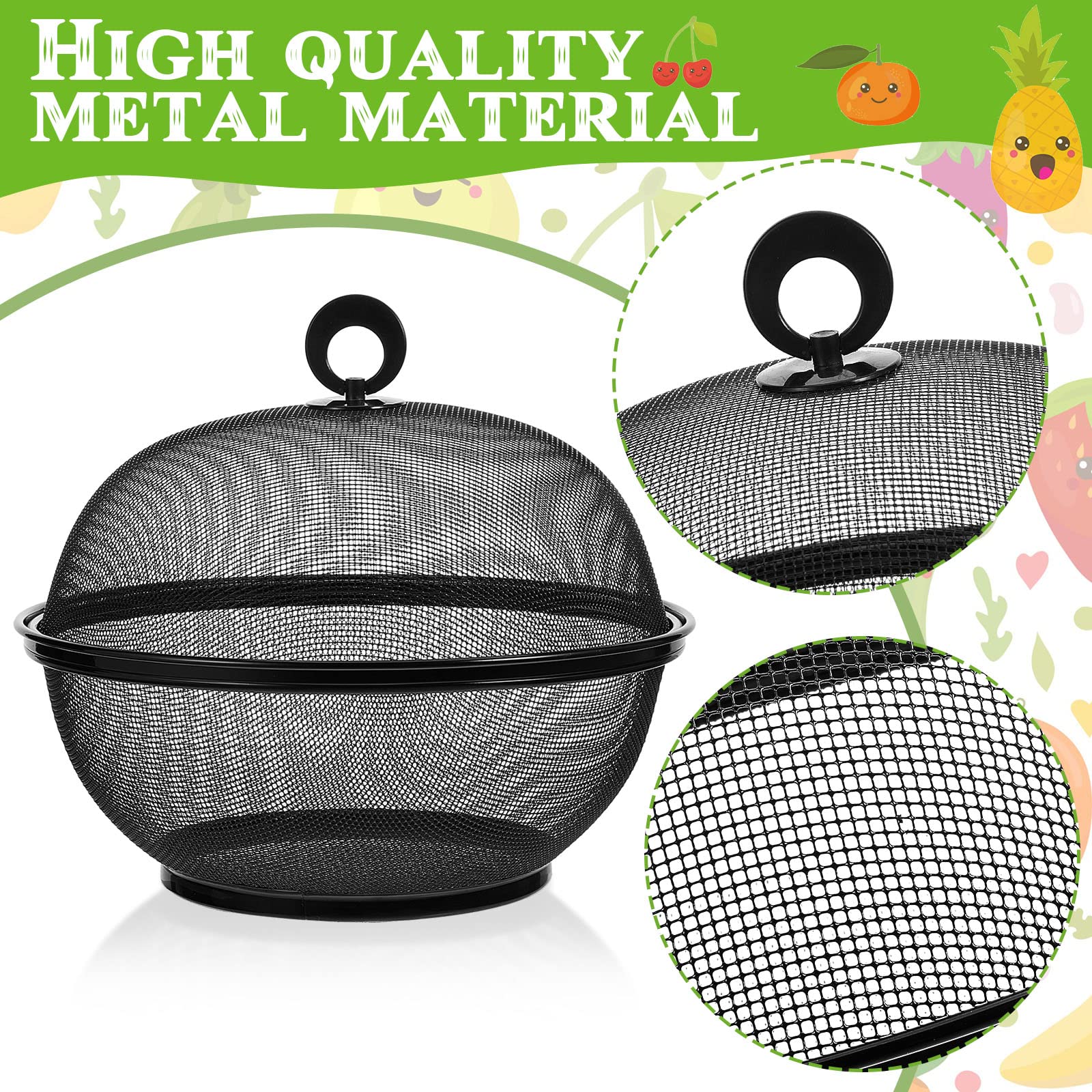 Suclain 4-Piece Mesh Food Cover Set with Lids - 10-Inch Ventilated Fruit Basket for Kitchen, Restaurants & Outdoor Use - Perfect for Storing Fruits, Vegetables & Picnics (Black) | Ideal for Food Protection, Party Serving & Home Organization