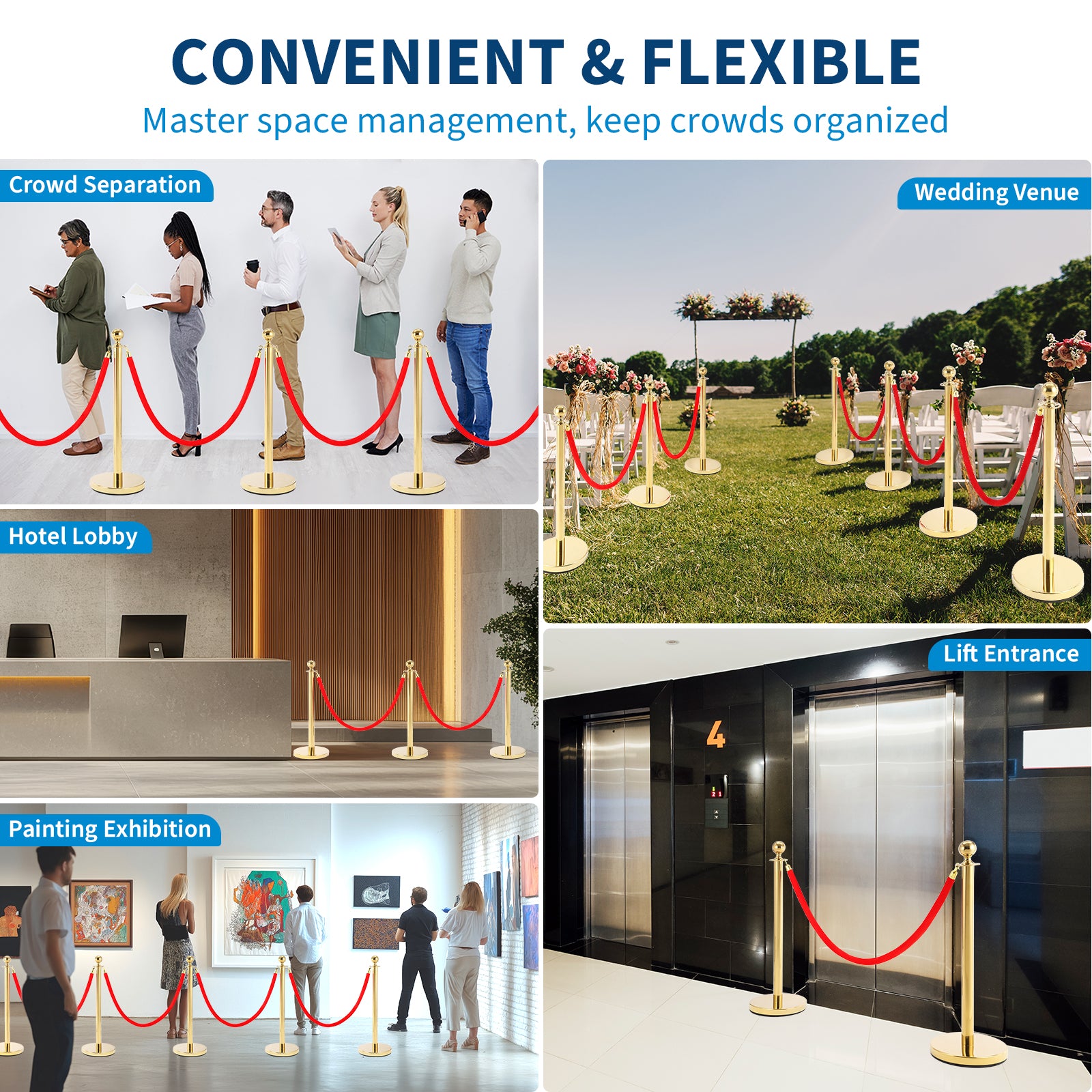 GARVEE 4-Pack Gold Stanchion Posts with 6.6ft Red Velvet Rope - Stainless Steel Crowd Control Barriers with Ball Top & Fillable Concrete Base - Perfect for Events, Weddings, VIP Areas, and Party Decorations