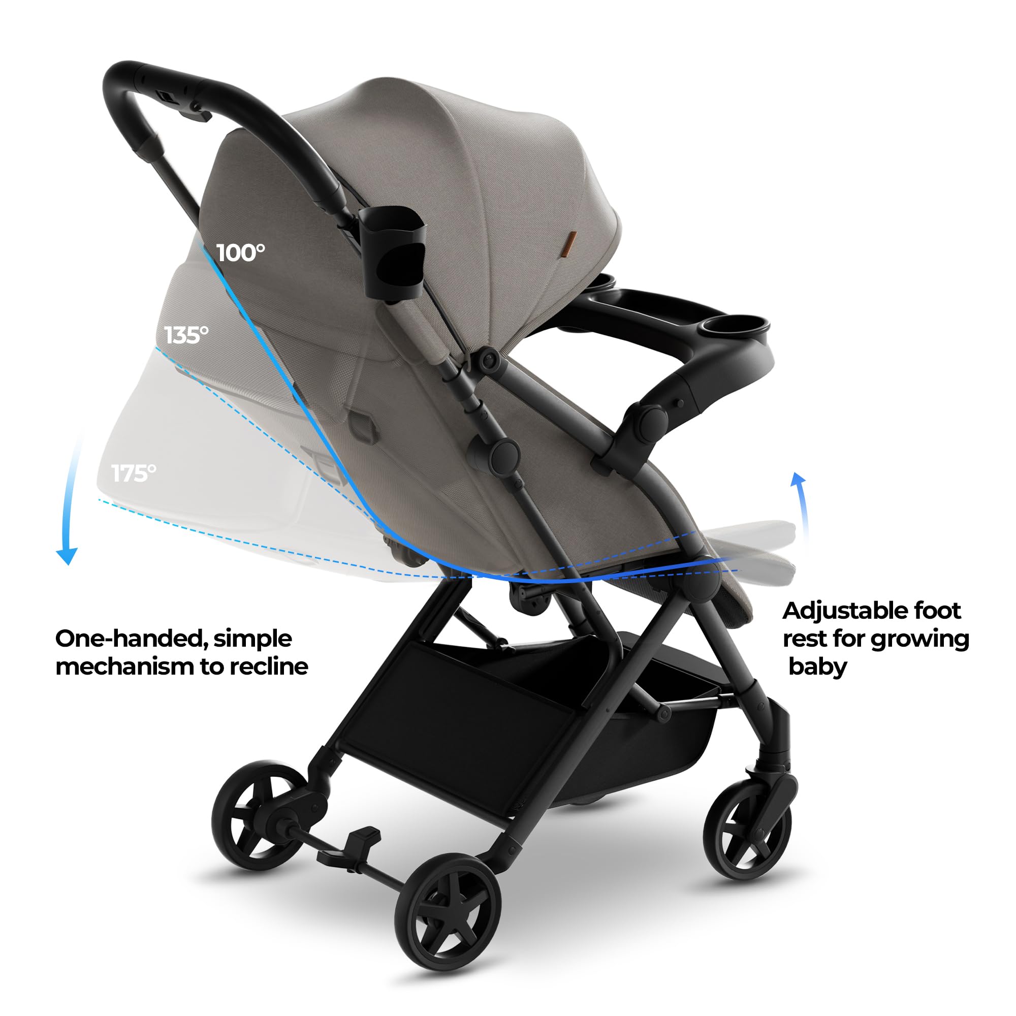 Mompush Lithe V2 Lightweight Compact Travel Stroller with Snack Tray, Cup Holder & Rain Cover - Airplane Approved, One-Hand Fold, Near Flat Recline - Perfect for Air Travel, City Walks & Shopping Trips