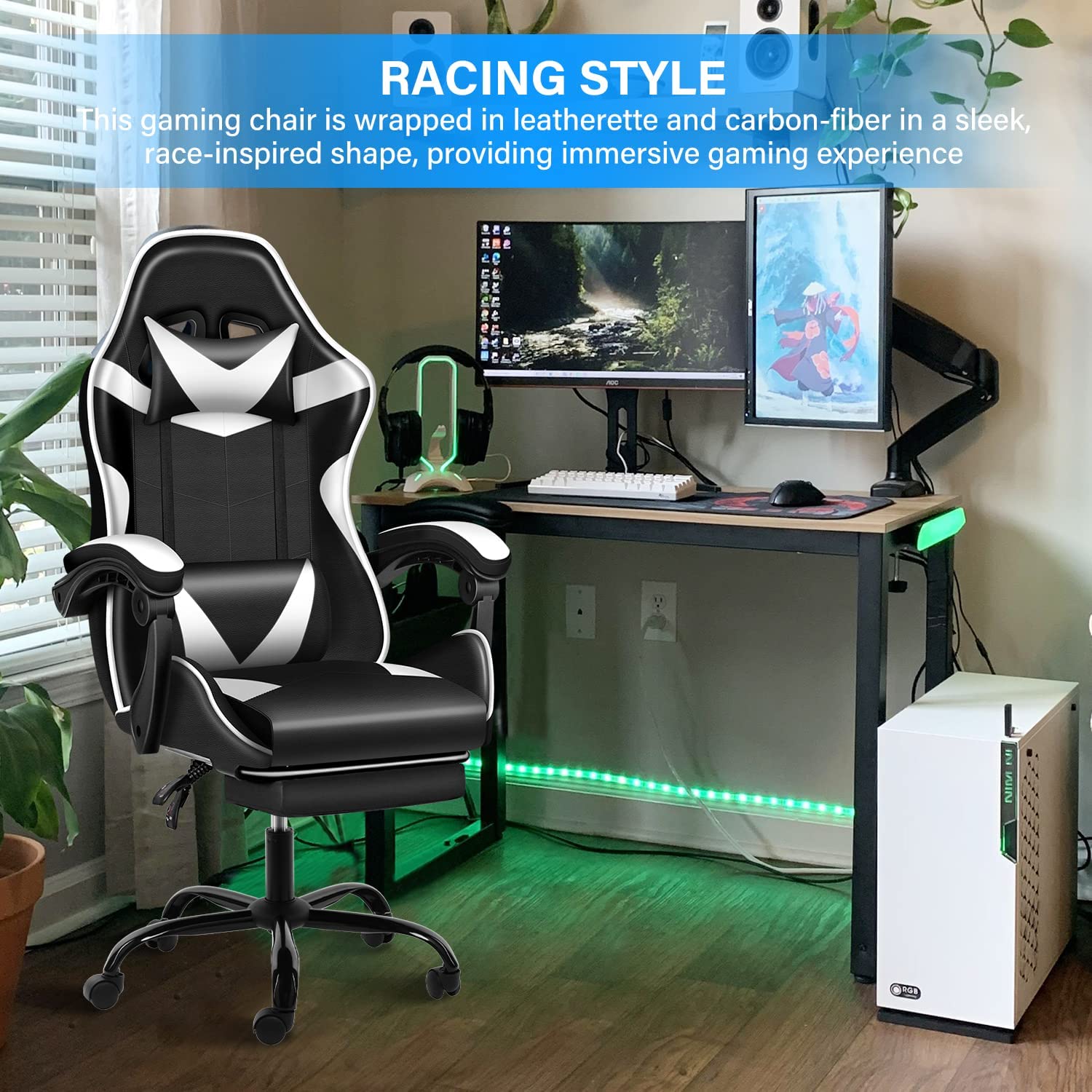 YSSOA Gaming Chair with Footrest - Big and Tall Ergonomic Racing Style Office Chair, Adjustable Swivel Video Game Chair with Headrest & Lumbar Support - Perfect for PC Gaming, Esports, Home Office and Streaming Setup