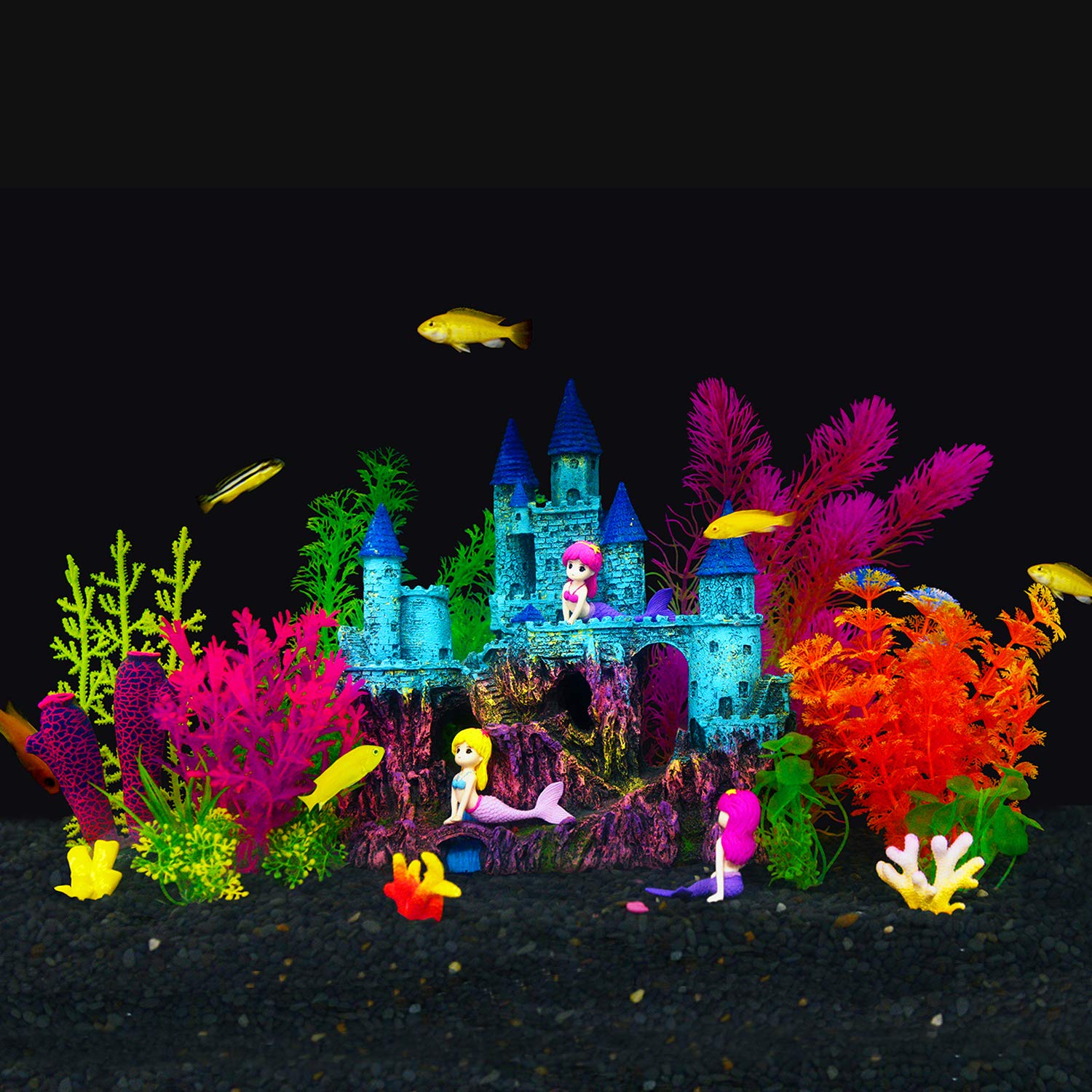 GreenJoy Aquarium Decor Set - Plastic Plants, Fish Cave, Castle, Mermaid Ornaments, Pirate Ship, Pyramid & Shipwreck Hideouts for Fish Tank | Perfect for Tropical, Freshwater & Saltwater Aquariums | Enhances Underwater Scenery & Provides Shelter for Fish