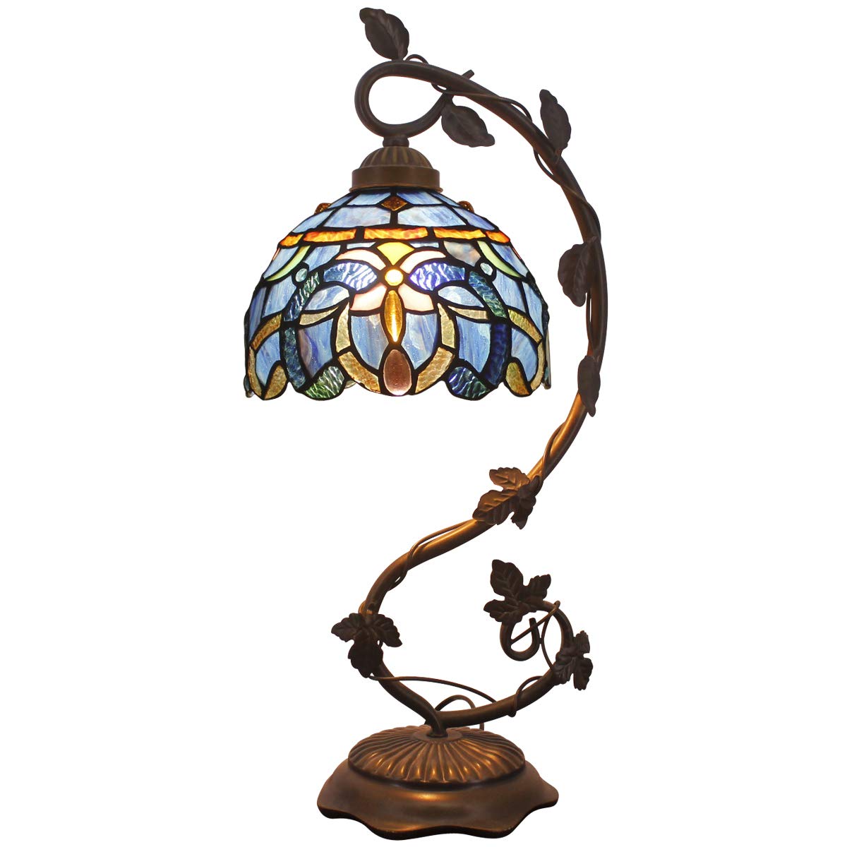 WERFACTORY Tiffany Style Stained Glass Table Lamp - Cloudy Blue Shade with Metal Leaf Base, 8x10x21 Inches, Bedside Reading Light for Bedroom, Home Office & Small Spaces (S558 Series) | Perfect for Cozy Ambiance & Vintage Decor