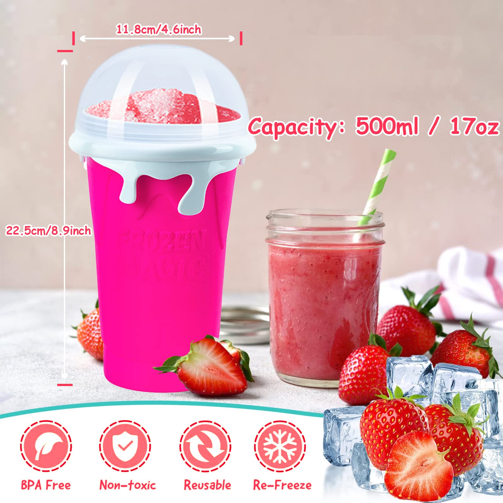 17oz/500ml Double Layer Slushie Maker Cup - Quick Frozen Magic Cup for Homemade Slushies, Perfect Birthday Gift for Kids & Teens (Rose) | Great for Summer Parties, Backyard BBQs & Family Fun