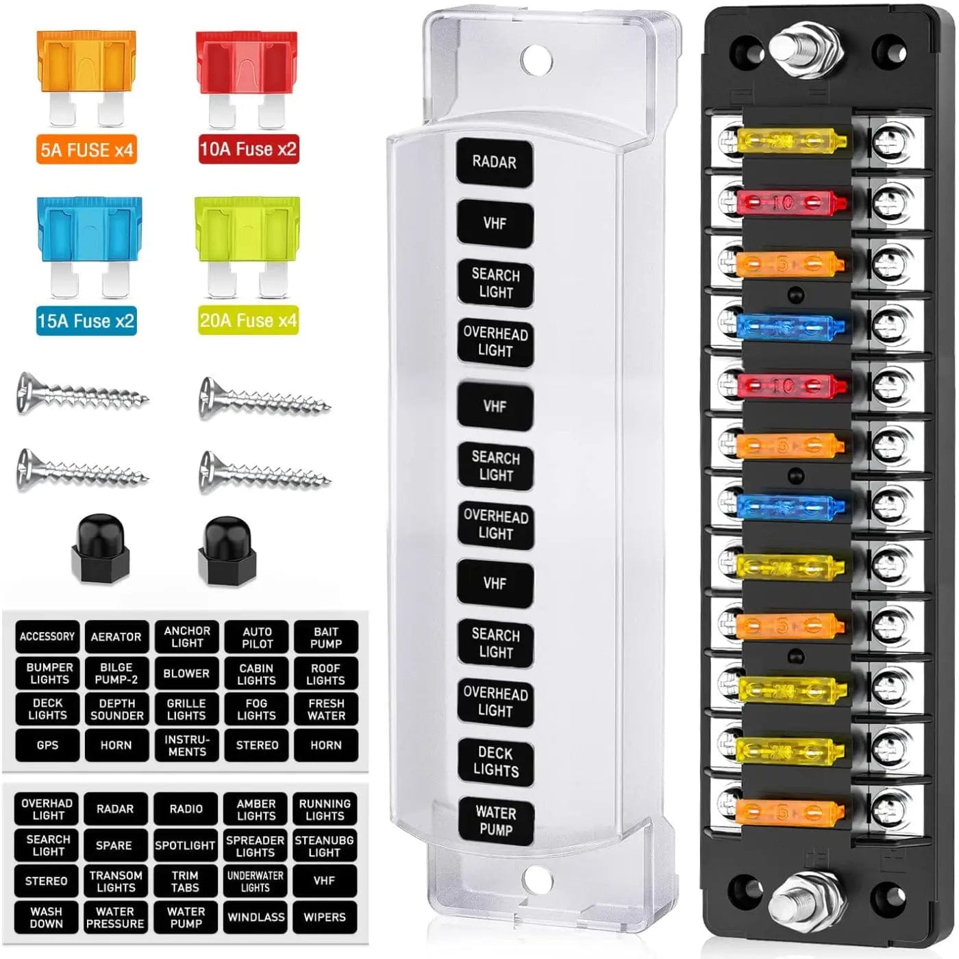 12 Way Fuse Block with Negative Bus - 12V Blade Fuse Holder for ATC/ATO Standard Fuses - Waterproof Fuse Box with Label Stickers & Cover - Perfect for Automotive, Marine & RV Electrical Systems