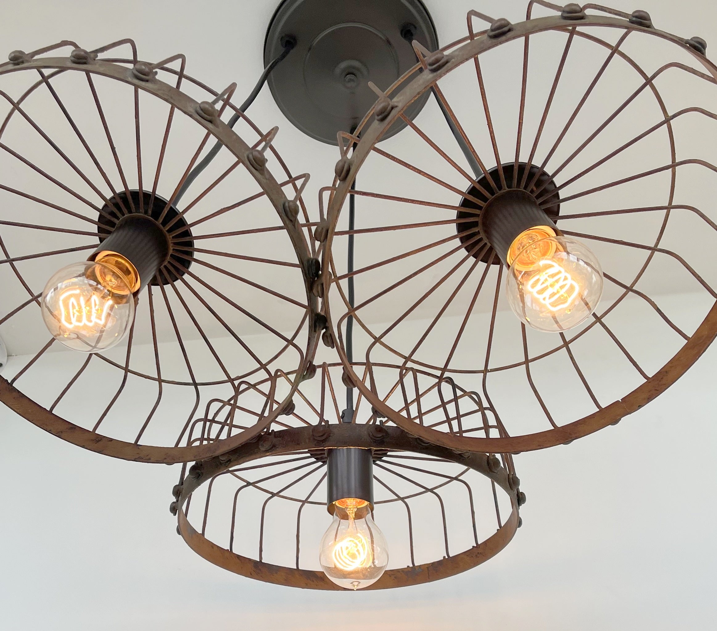 Rustic Industrial Wagon Wheel Chandelier Trio Light - Farmhouse Ceiling Lighting Fixture for Dining Room, Living Room & Bedroom Decor