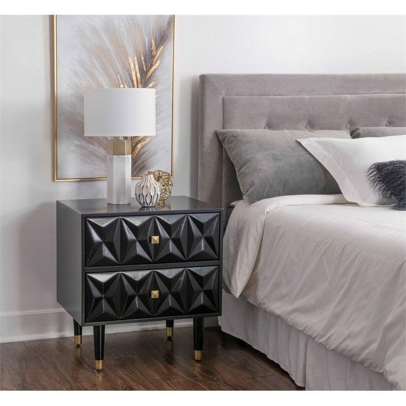 Modern Black Wooden Nightstand with Two Drawers and Geometric Texture - Perfect for Bedroom, Living Room, or Office Storage