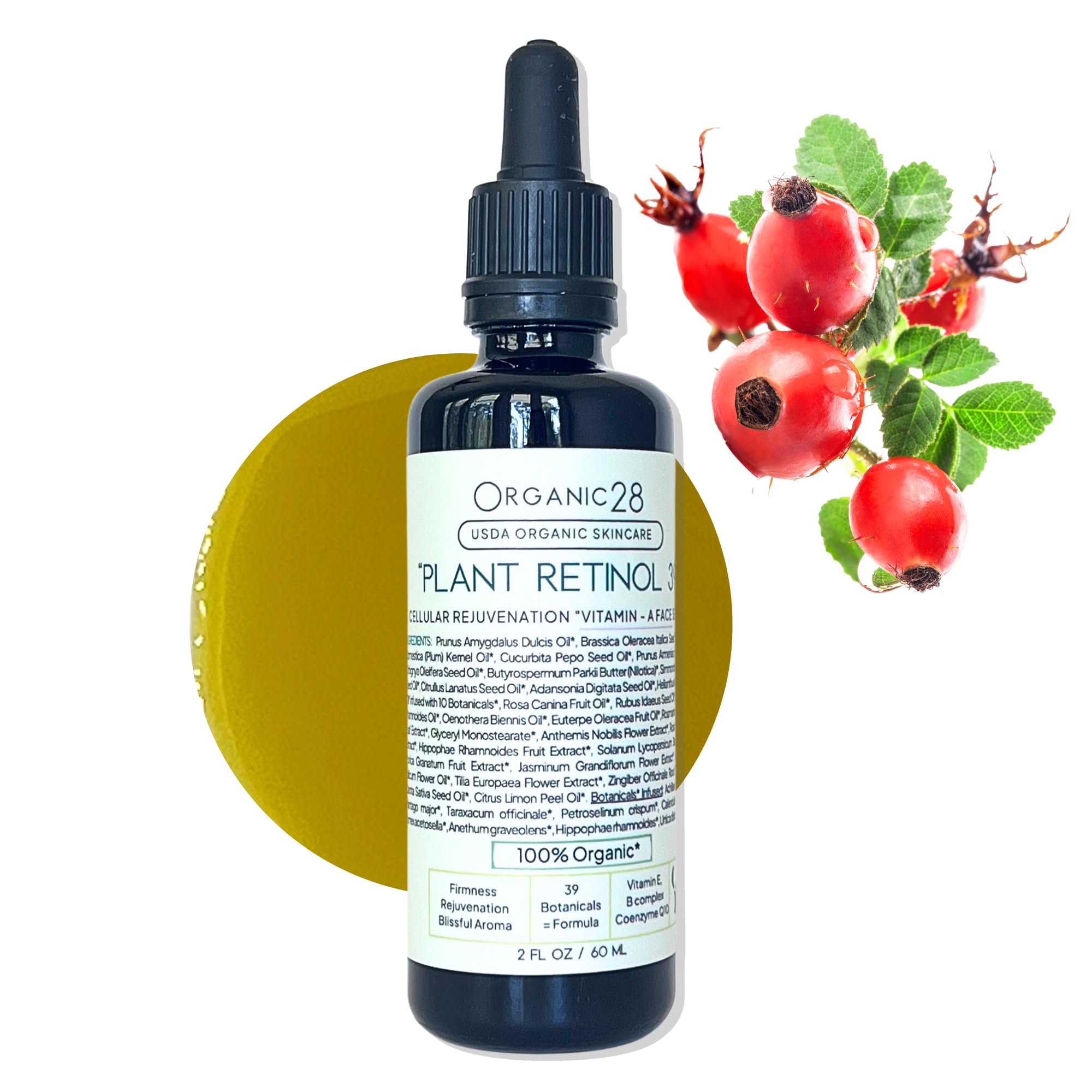 Organic28 100% Organic Plant Retinol Face Serum - Anti-Aging Facial Moisturizer with 39 Botanicals | Fast Absorbing, Vegan, Cruelty-Free | Day & Night Cream for Women | USA Made, 2 Fl Oz | Perfect for Dry Skin & Wrinkle Reduction
