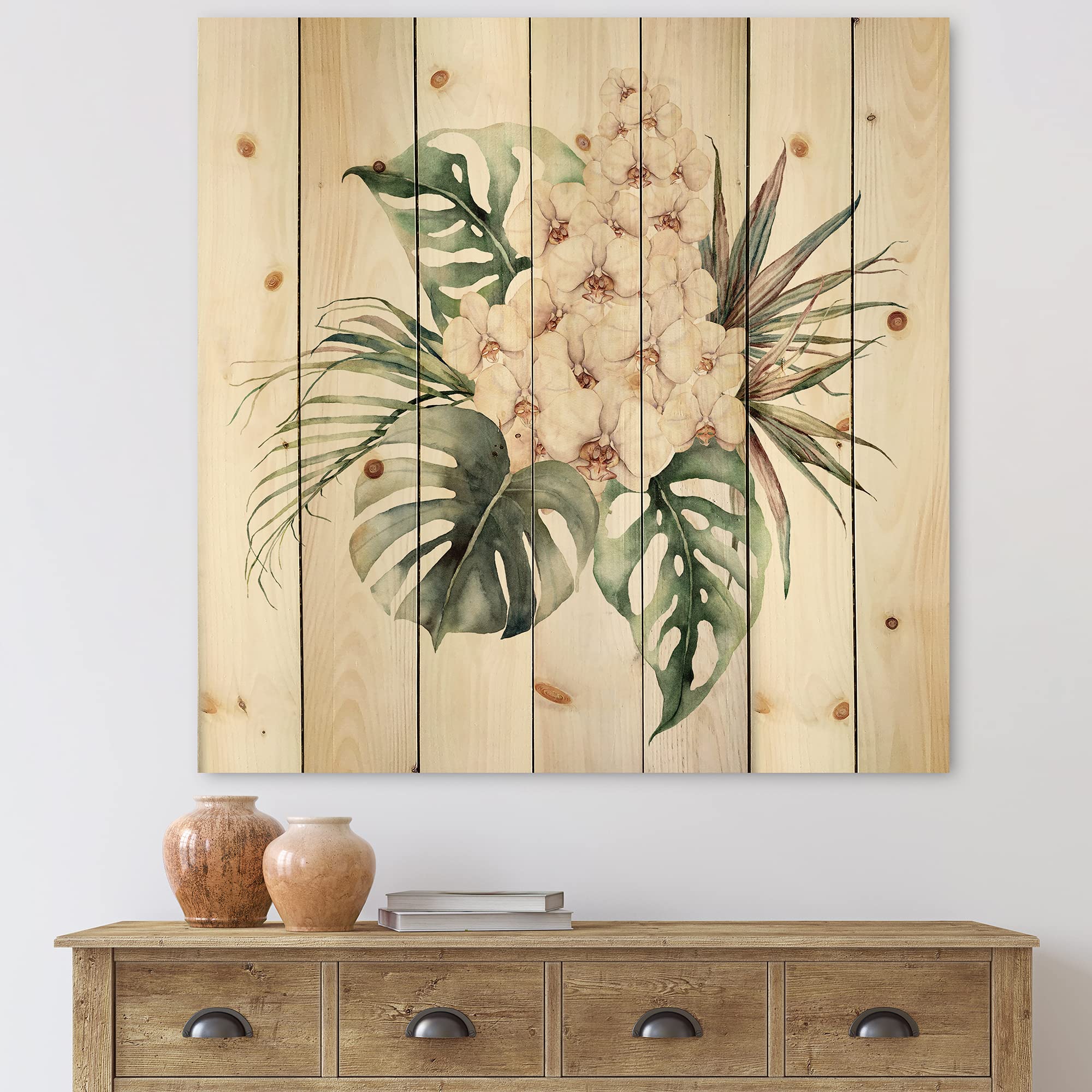 Orchid Monstera Coconut Leaves Wood Wall Decor - Large Floral Pine Wood Art Panel - Traditional Green Wood Wall Hanging for Living Room, Bedroom & Office Decor