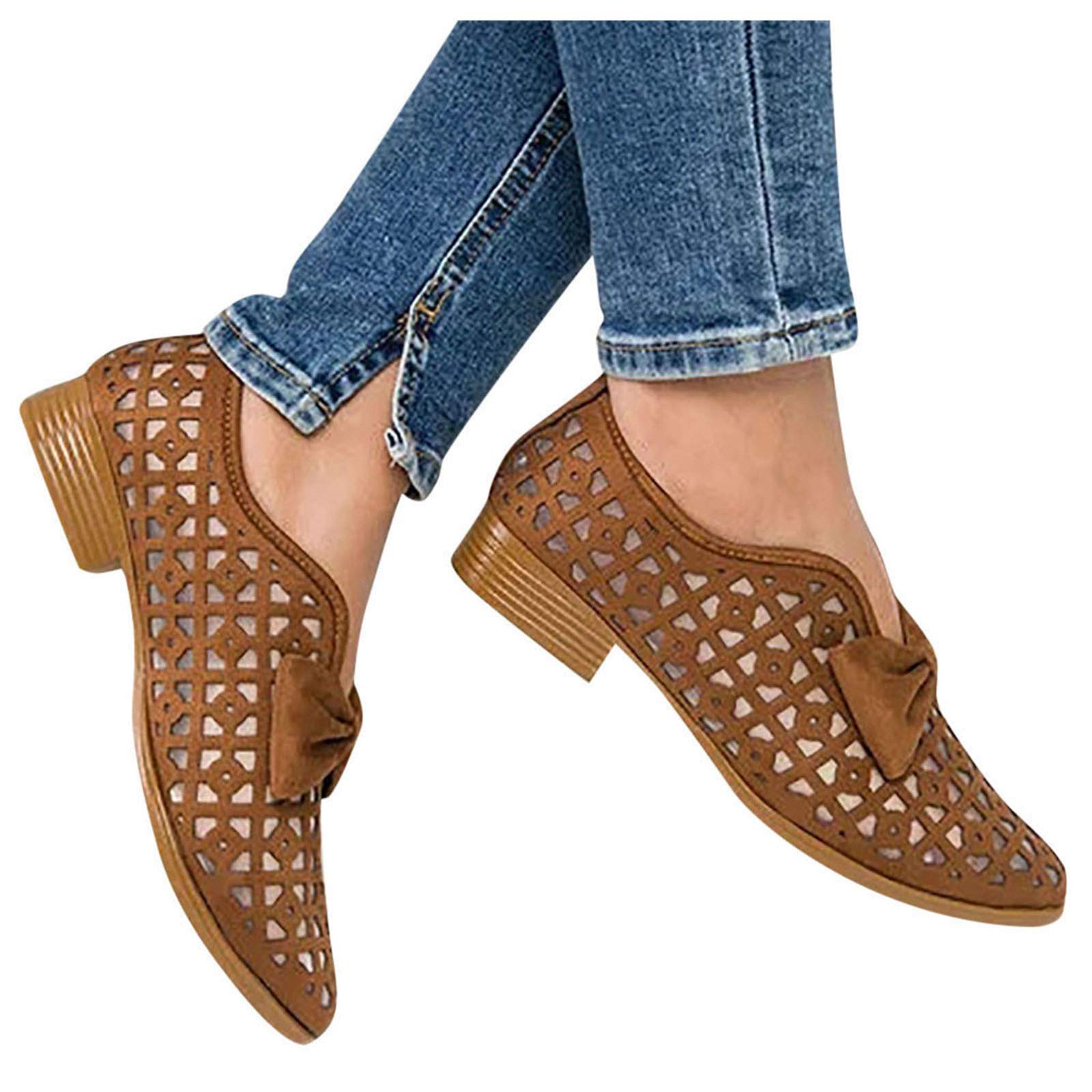 Aniywn Women's Casual Pointed Toe Low Block Heel Bowknot Sandals - Breathable Hollow Out Summer Walking Shoes for Beach, Vacation & Daily Wear