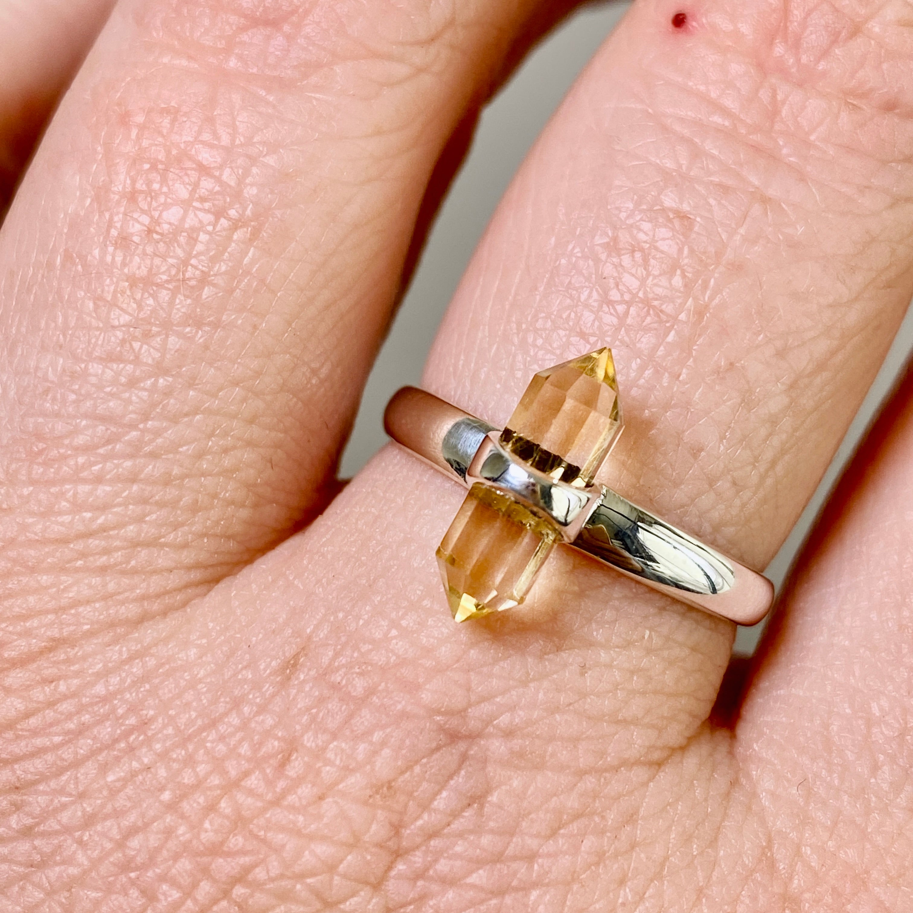 Natural Citrine Double Point Gemstone Ring - 925 Sterling Silver Handmade Jewelry for Women - Perfect for Boho Style, Meditation & Energy Healing
