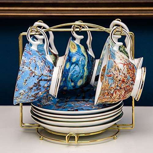 Van Gogh Bone China Coffee Cup and Saucer Set - 6-Piece 8-Oz Art Mugs with Display Rack & Gift Box - Elegant Tea & Coffee Serving Set for Home, Office, and Gifts