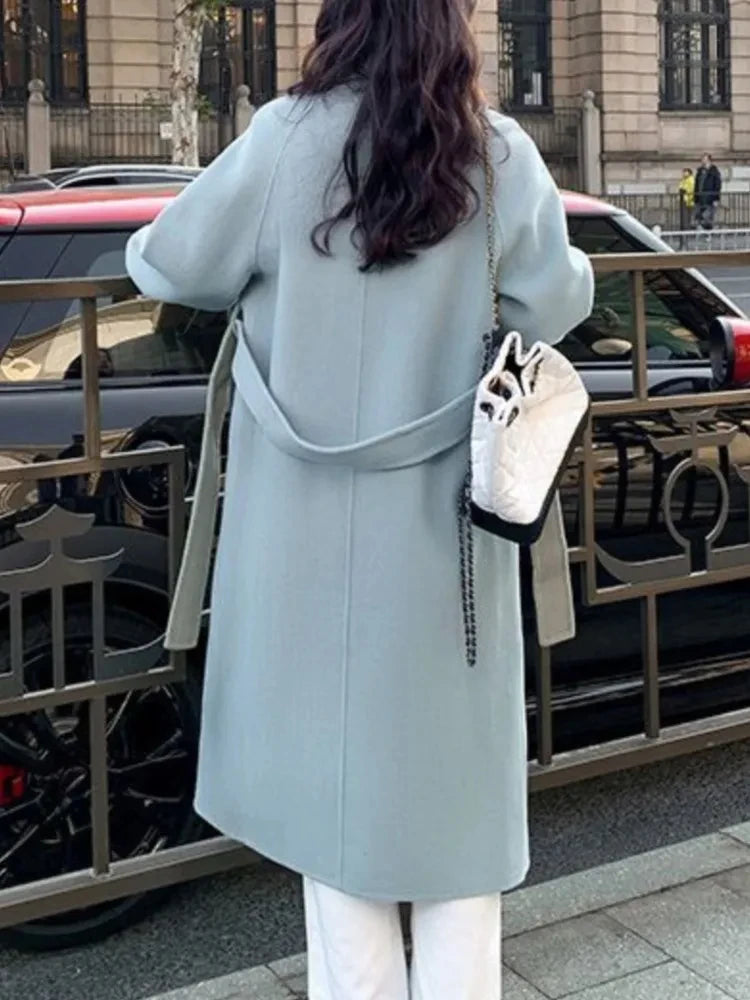Women's Faux Wool Belted Double Breasted Long Coat - Notched Collar Full Sleeve Loose Fit Jacket for Autumn | Casual Outerwear for Work, Dating & Fall Fashion