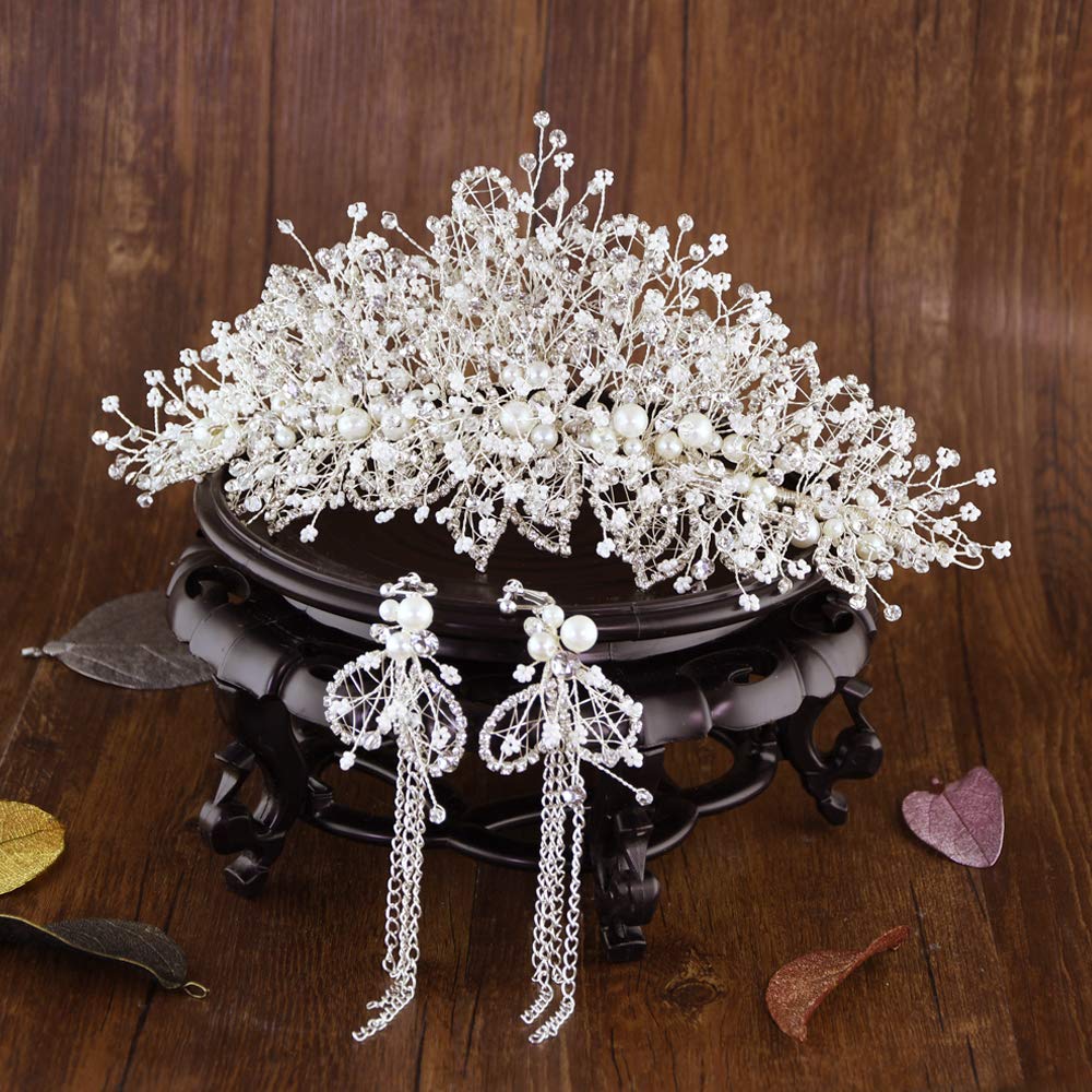 Elegant Silver Bridal Crown with Multilevel Pearls & Crystals - Wedding Tiara Headpiece for Bride | Perfect for Bridal Shower, Wedding Ceremony & Formal Occasions (Color: H245, Full Set)