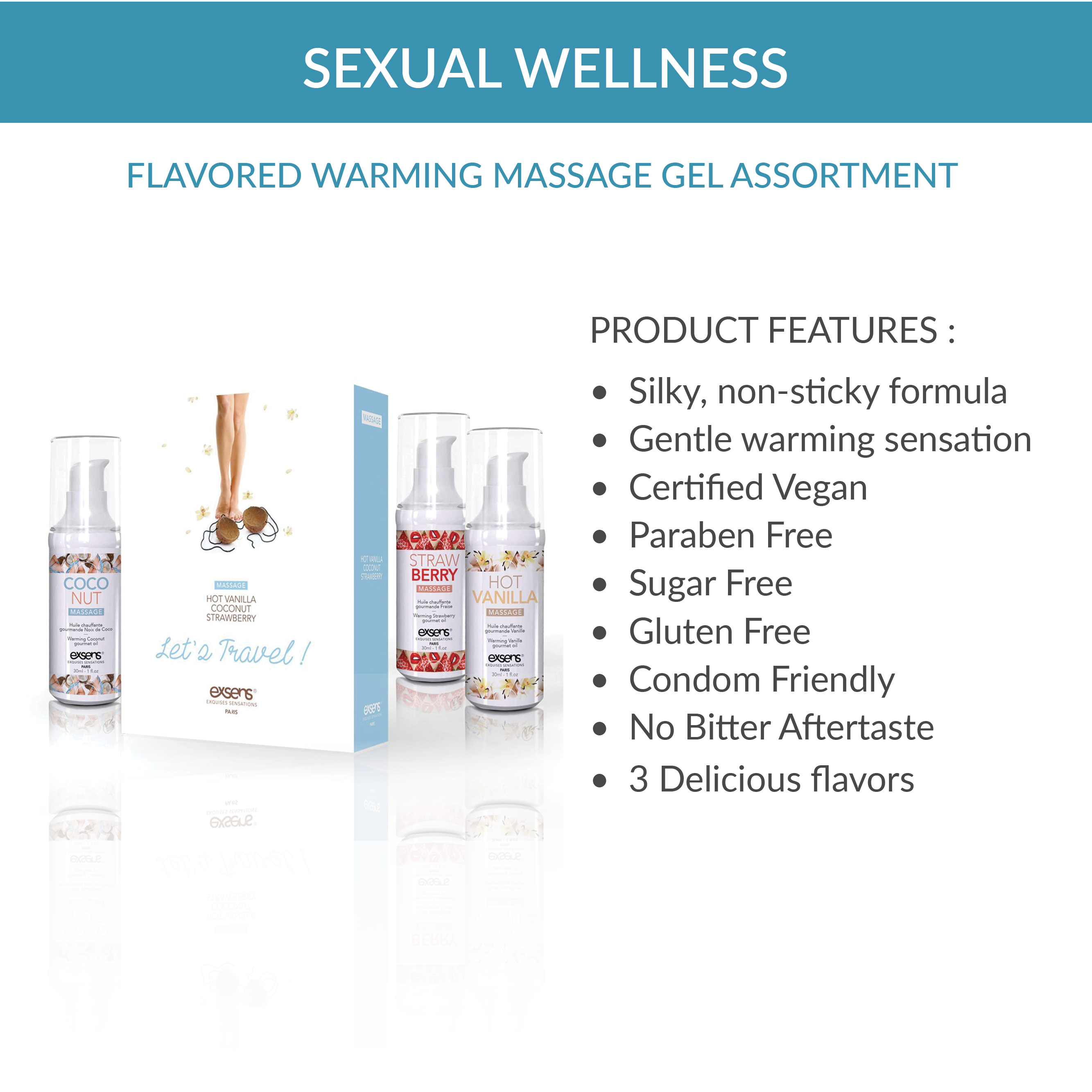 Exsens Warming Intimate Massage Oil Gift Set - Strawberry, Coconut & Vanilla Flavored Gel (3 x 1 Fl Oz) | Couples Massage Oil for Romantic Nights, Spa Days & Sensual Experiences