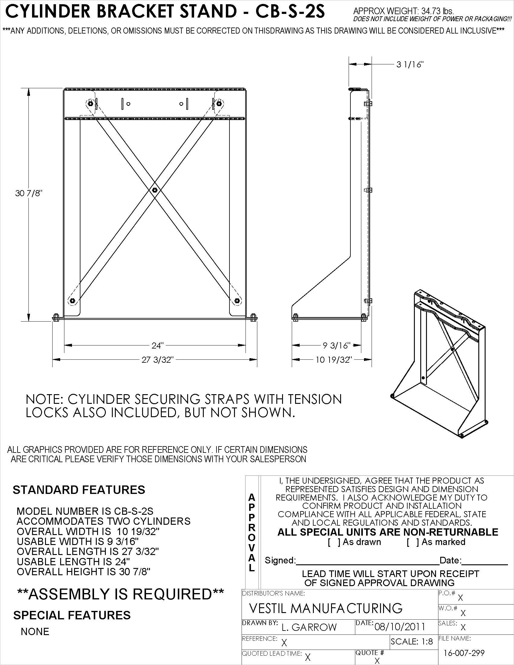 Vestil CB-S-2S Heavy Duty Cylinder Bracket Stand - Holds 2 Gas Cylinders, Durable Blue Steel Construction - Perfect for Workshop, Garage & Industrial Storage