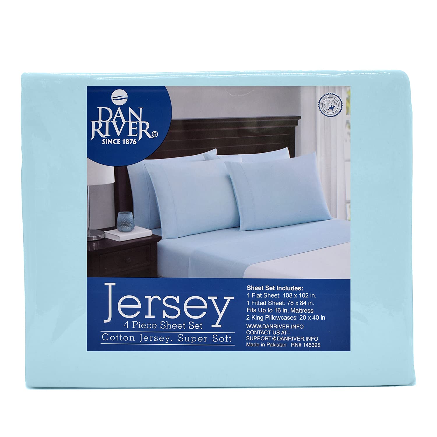 **DAN RIVER California King Jersey Sheet Set - 100% Cotton Luxury Bed Sheets | Ultra Soft & Breathable T-Shirt Material | All Season Comfort | Deep Pocket Fitted Sheet (4Pc, Cal King, Light Blue) - Perfect for Cozy Nights & Guest Bedrooms**