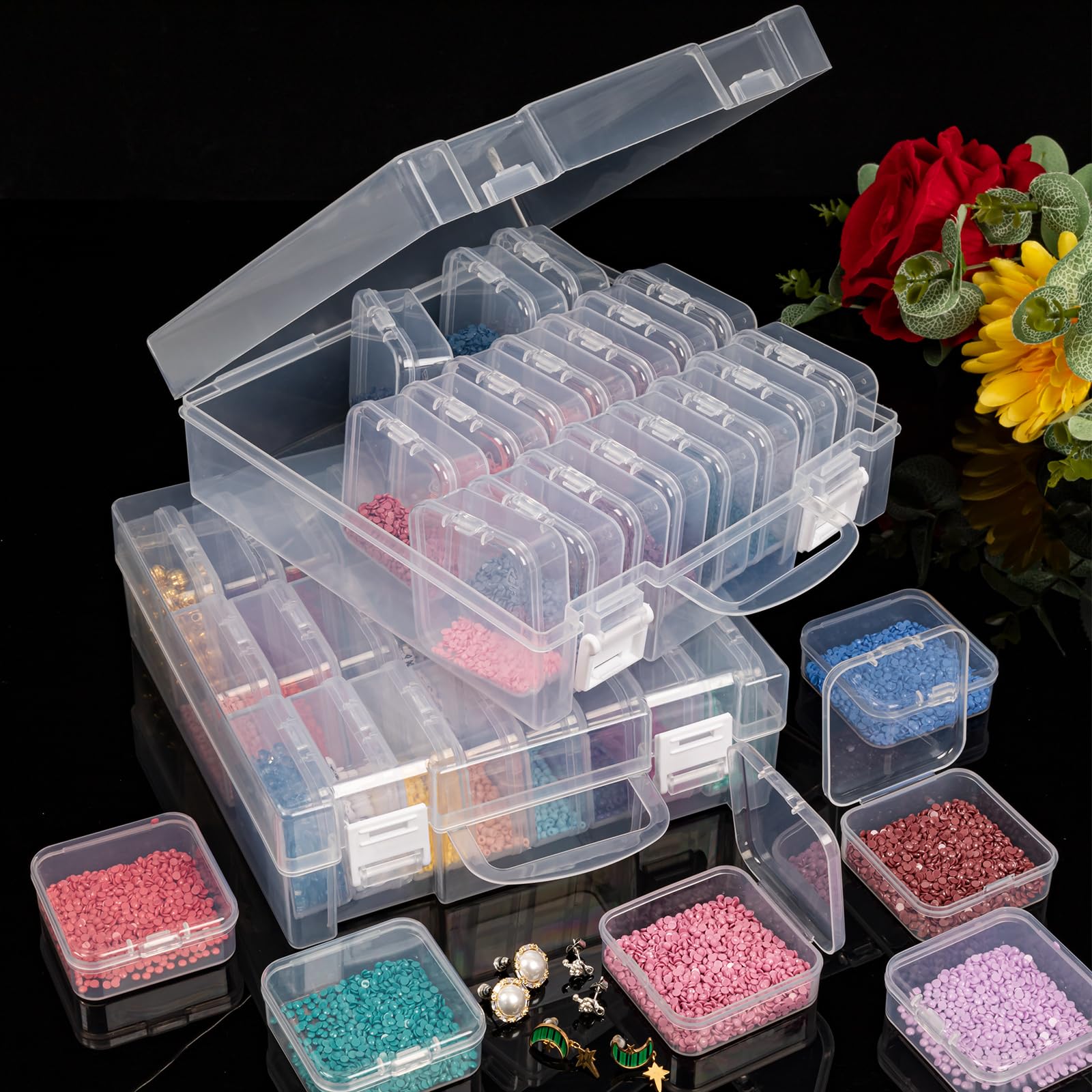 2 Pack Transparent Bead Organizer Box with 24 Slots & Hinged Lid - Small Craft Storage Containers for Rhinestones, Seeds, Jewelry Making & DIY Art Projects | Perfect for Beading, Scrapbooking & Home Organization